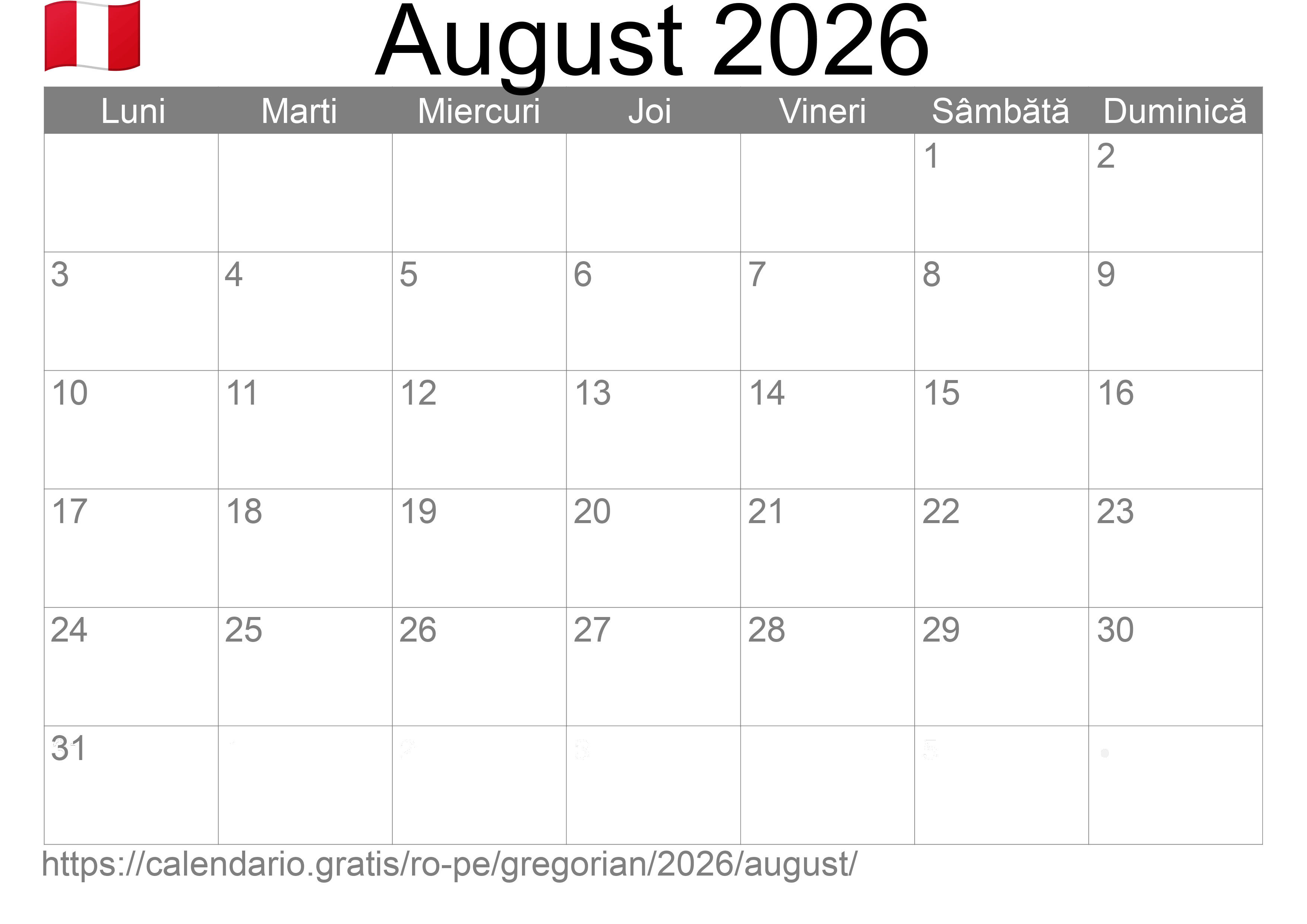 Calendar August 2026 pentru imprimare