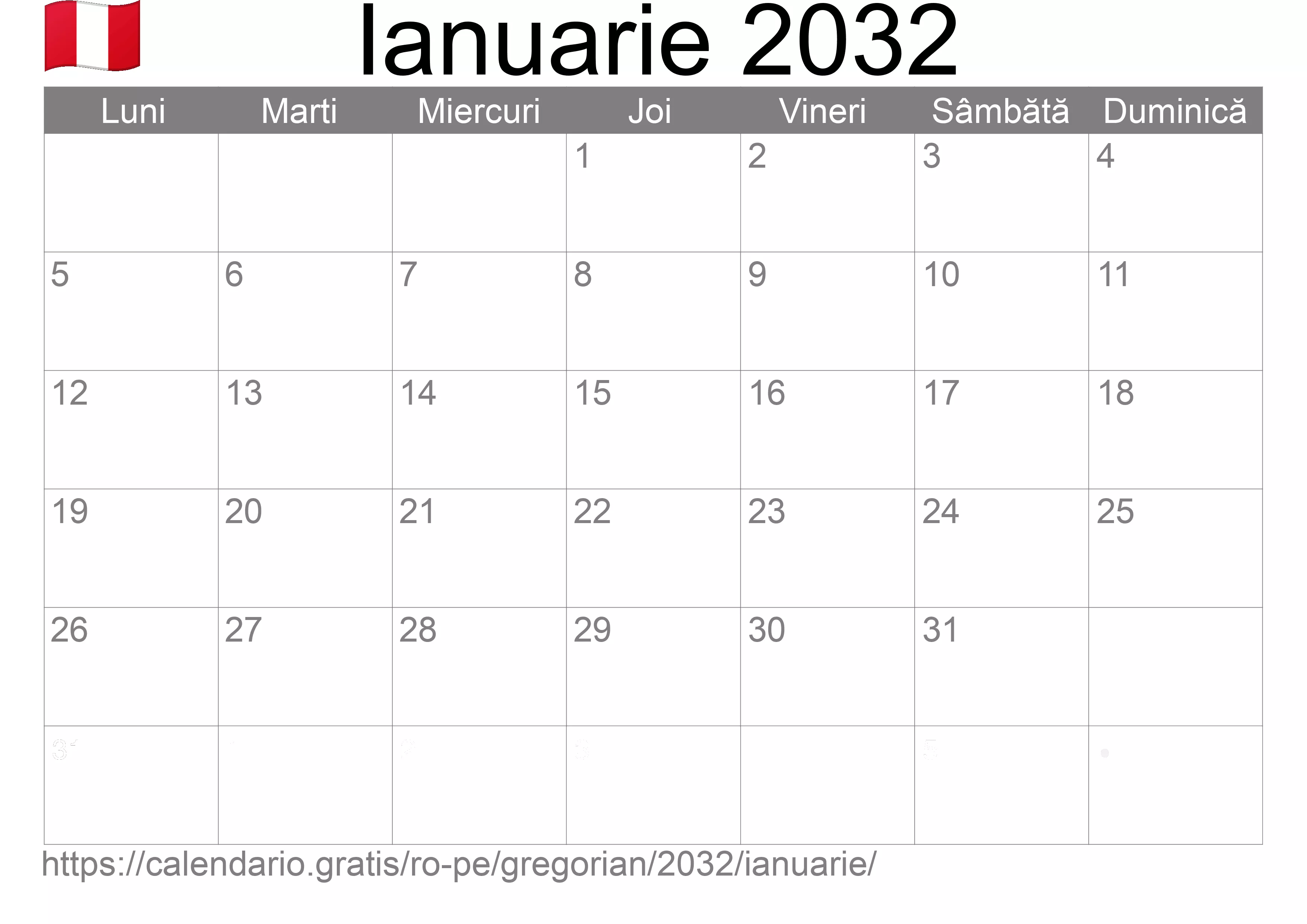 Calendar Ianuarie 2032 pentru imprimare (Peru) Calendar Ianuarie 2032 pentru imprimare (Peru)