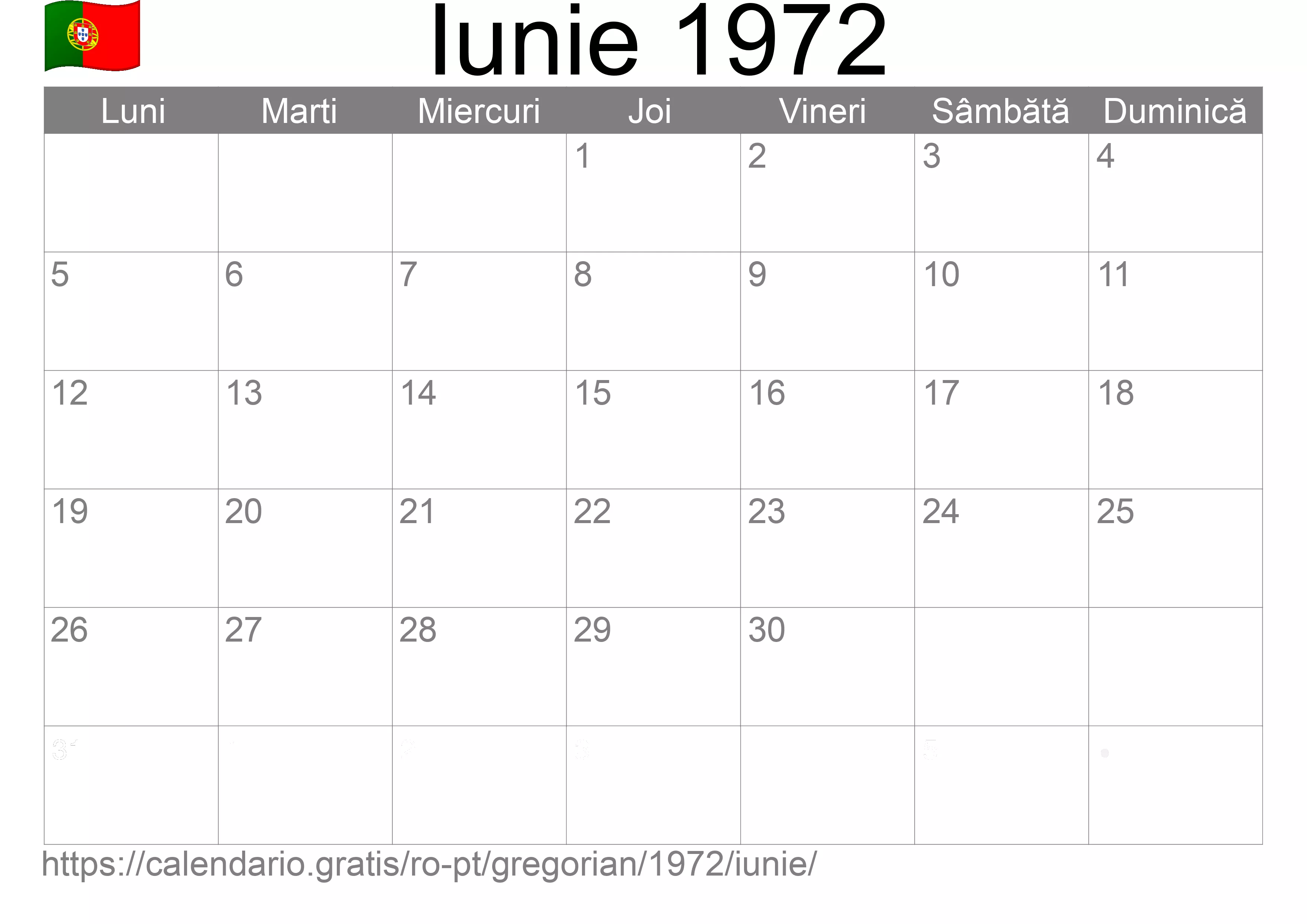 Calendar Iunie 1972 pentru imprimare (Portugalia)