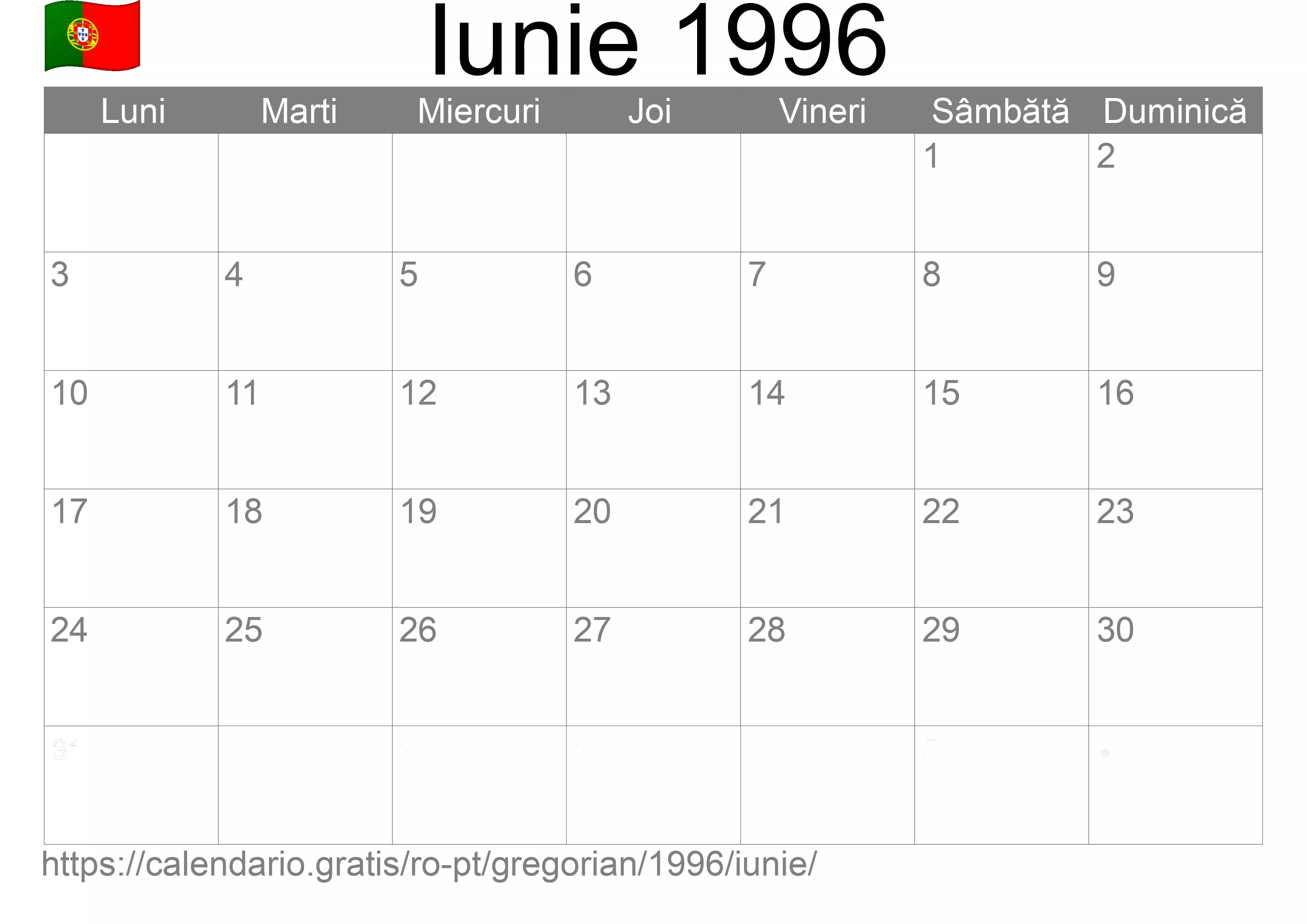 Calendar Iunie 1996 pentru imprimare (Portugalia)