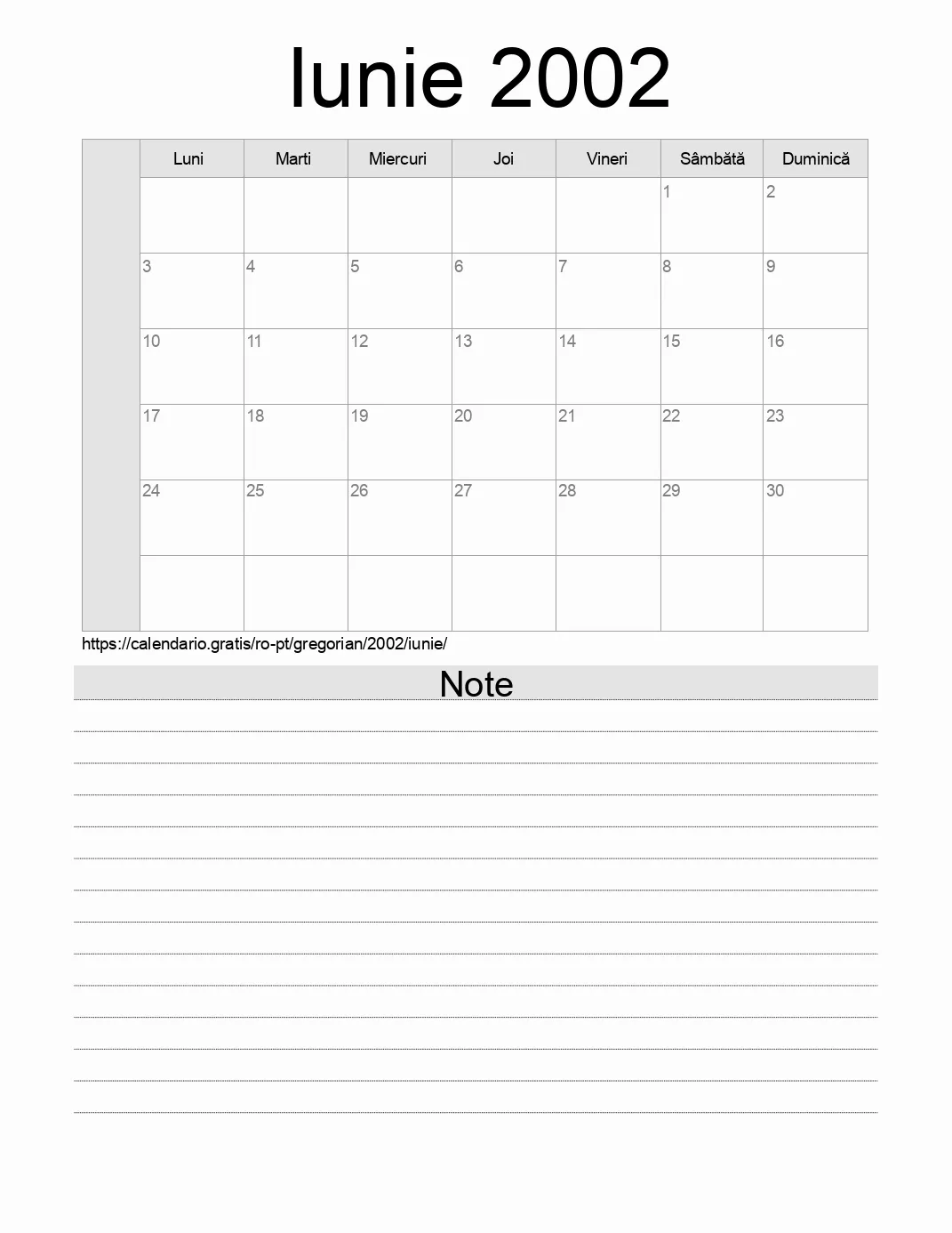 Calendar pentru Iunie 2002 de imprimat cu note. (Portugalia) Calendar pentru Iunie 2002 de imprimat cu note. (Portugalia)