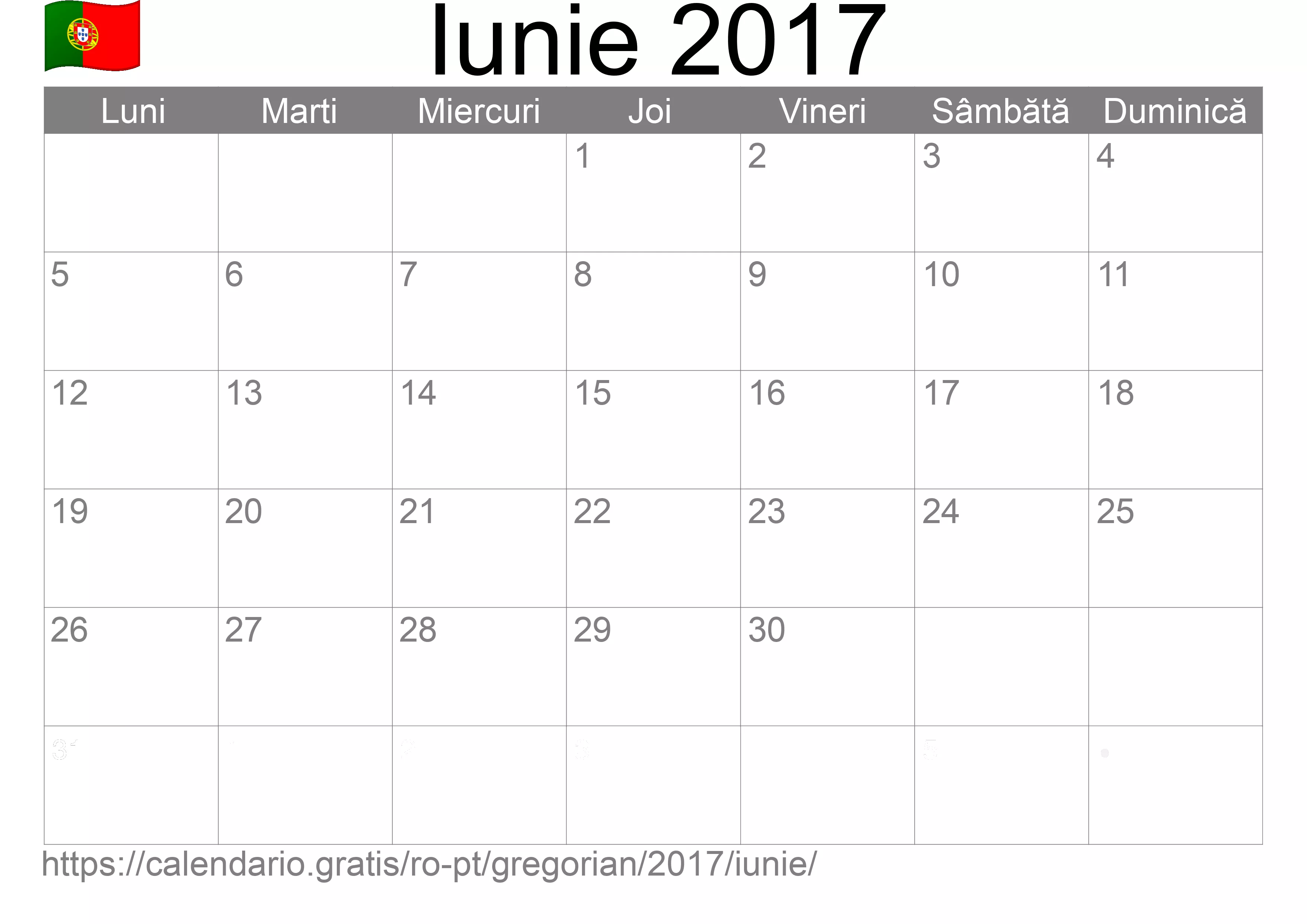Calendar Iunie 2017 pentru imprimare (Portugalia) Calendar Iunie 2017 pentru imprimare (Portugalia)