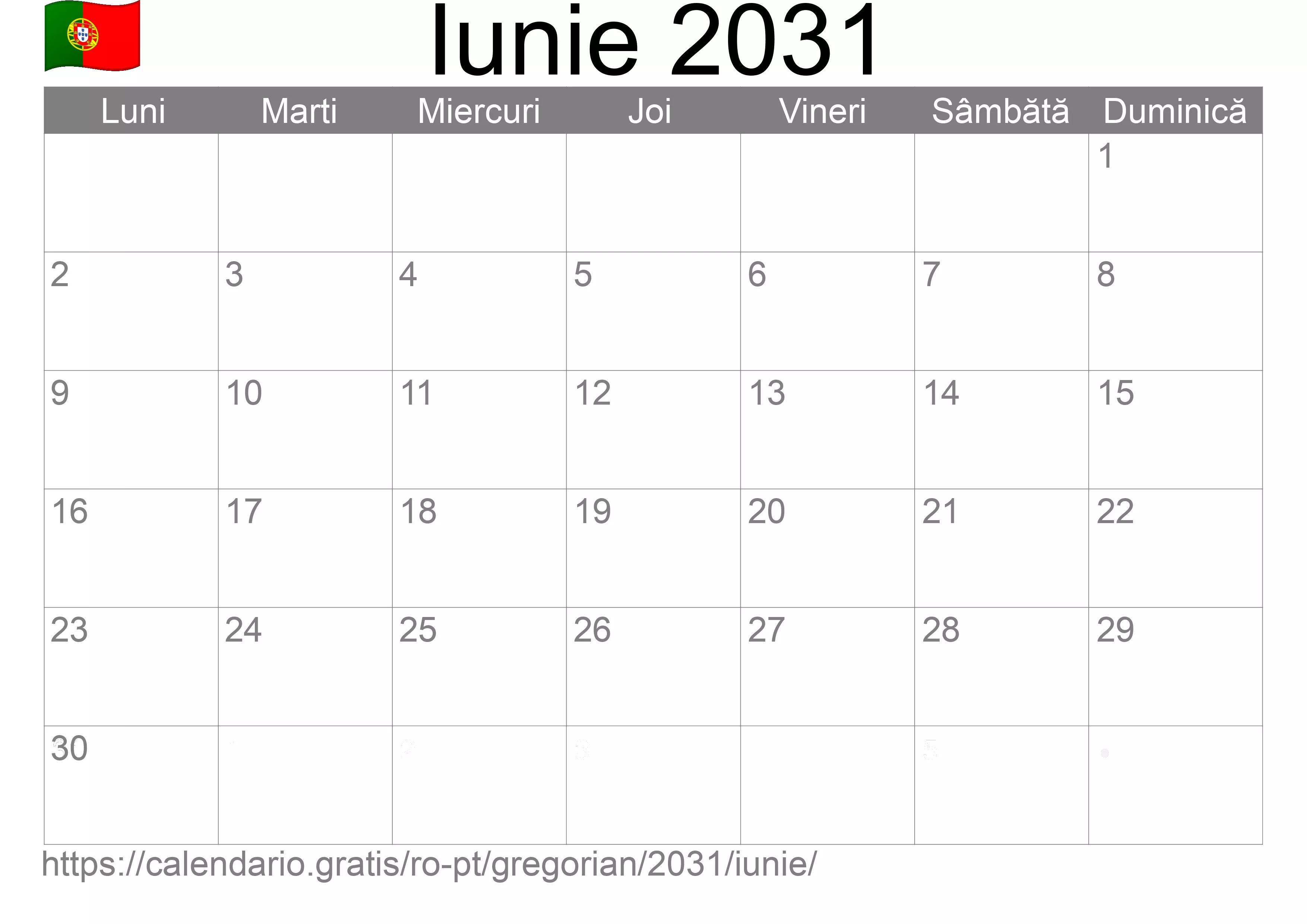 Calendar Iunie 2031 pentru imprimare (Portugalia)