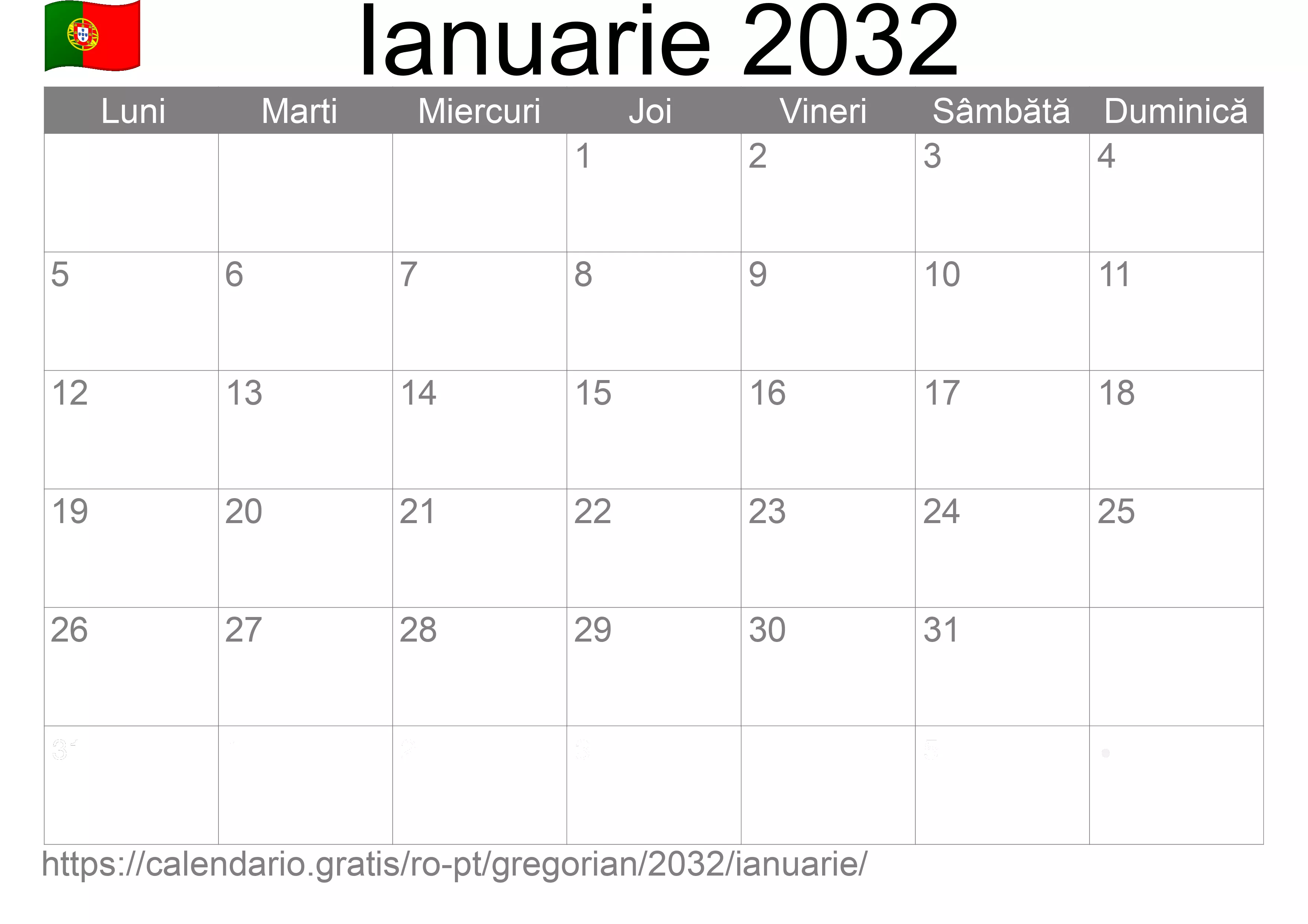 Calendar Ianuarie 2032 pentru imprimare (Portugalia) Calendar Ianuarie 2032 pentru imprimare (Portugalia)