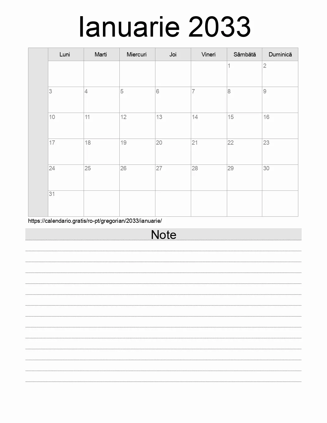 Calendar pentru Ianuarie 2033 de imprimat cu note. (Portugalia)