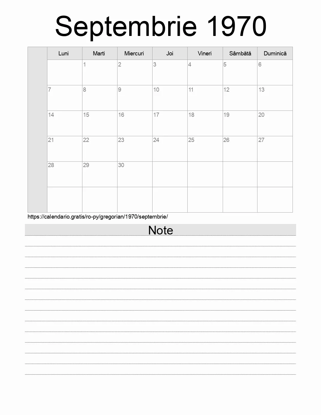 Calendar pentru Septembrie 1970 de imprimat cu note. (Paraguay) Calendar pentru Septembrie 1970 de imprimat cu note. (Paraguay)