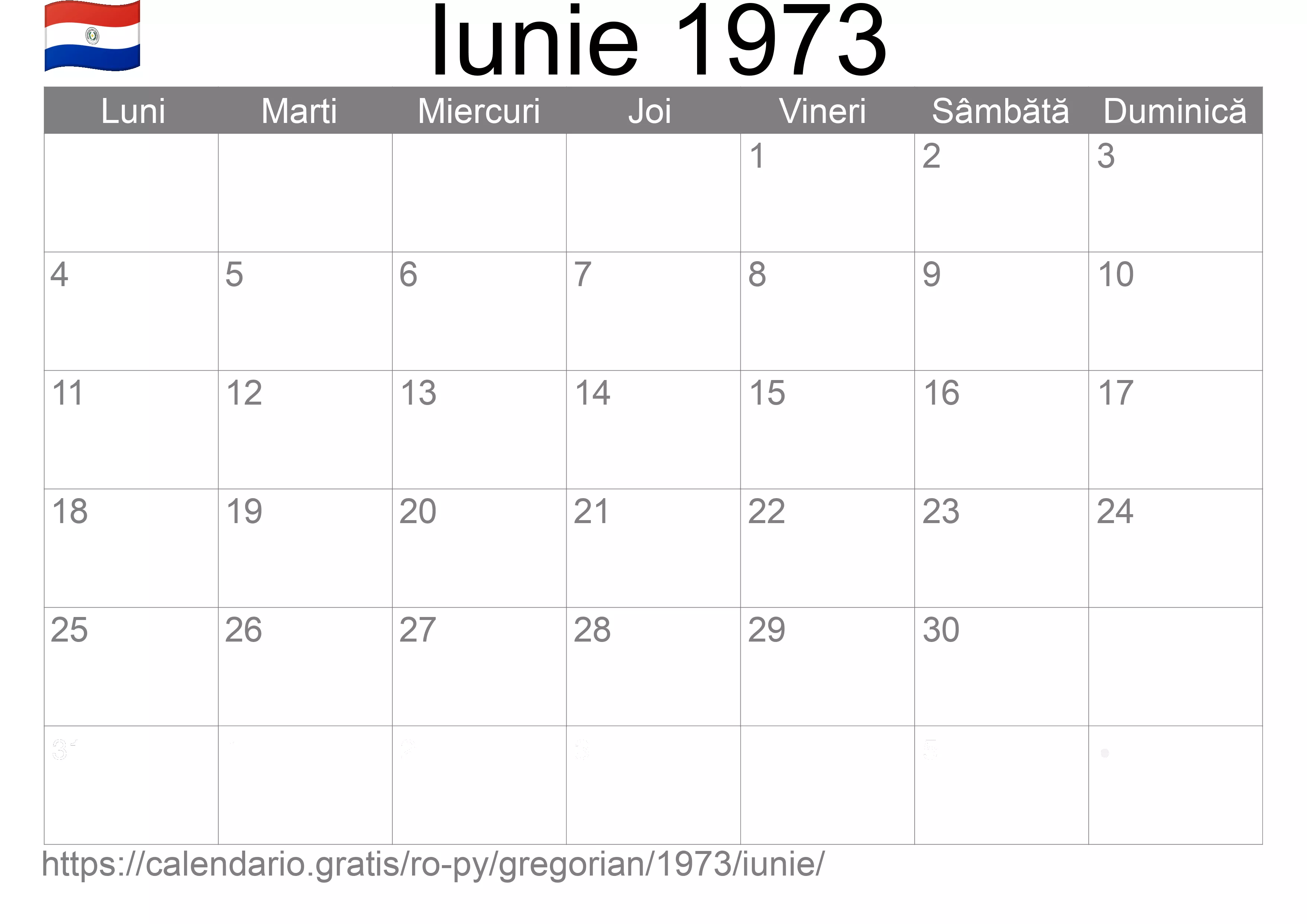 Calendar Iunie 1973 pentru imprimare (Paraguay) Calendar Iunie 1973 pentru imprimare (Paraguay)