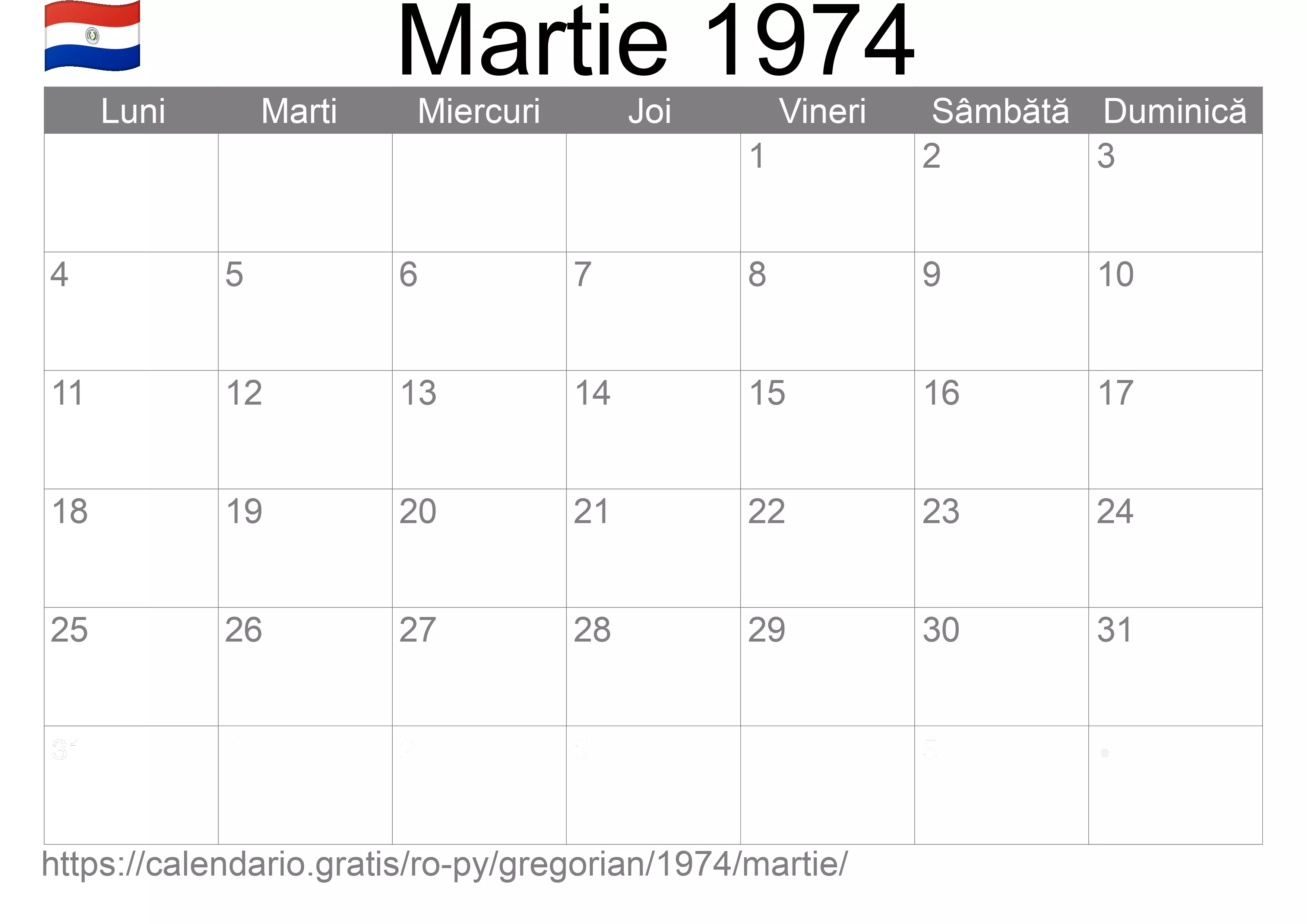 Calendar Martie 1974 pentru imprimare (Paraguay)