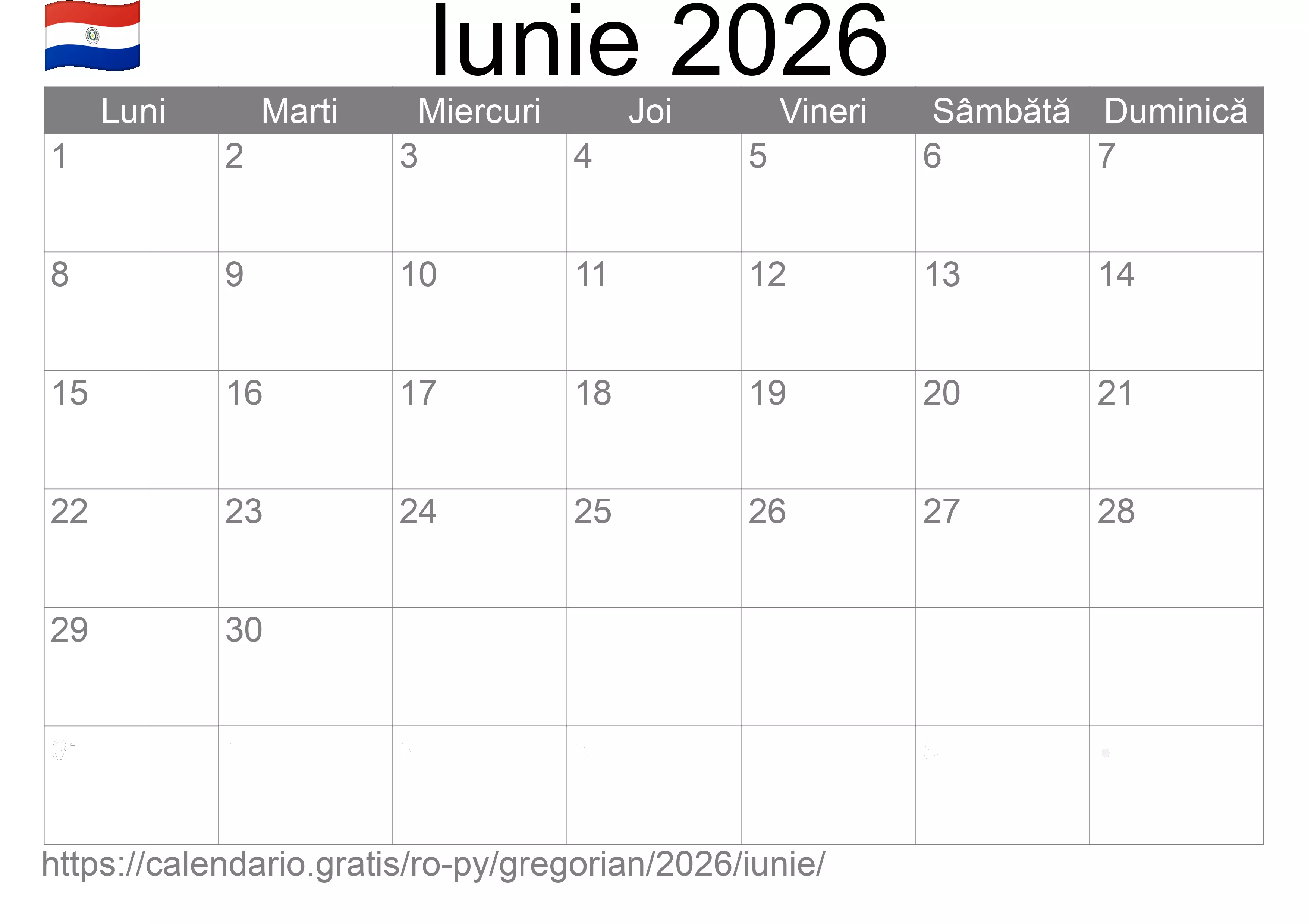Calendar Iunie 2026 pentru imprimare (Paraguay) Calendar Iunie 2026 pentru imprimare (Paraguay)