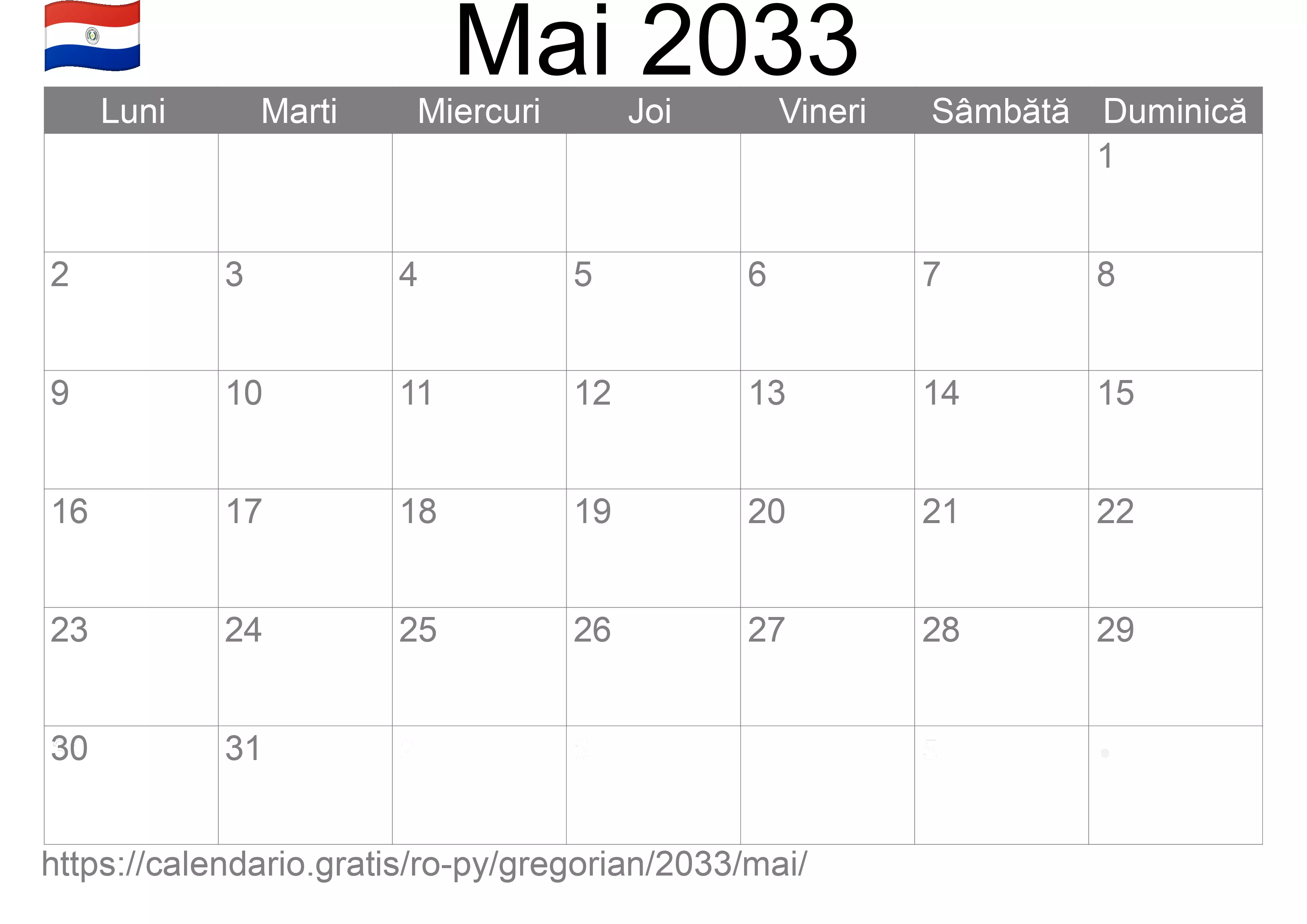Calendar Mai 2033 pentru imprimare (Paraguay)