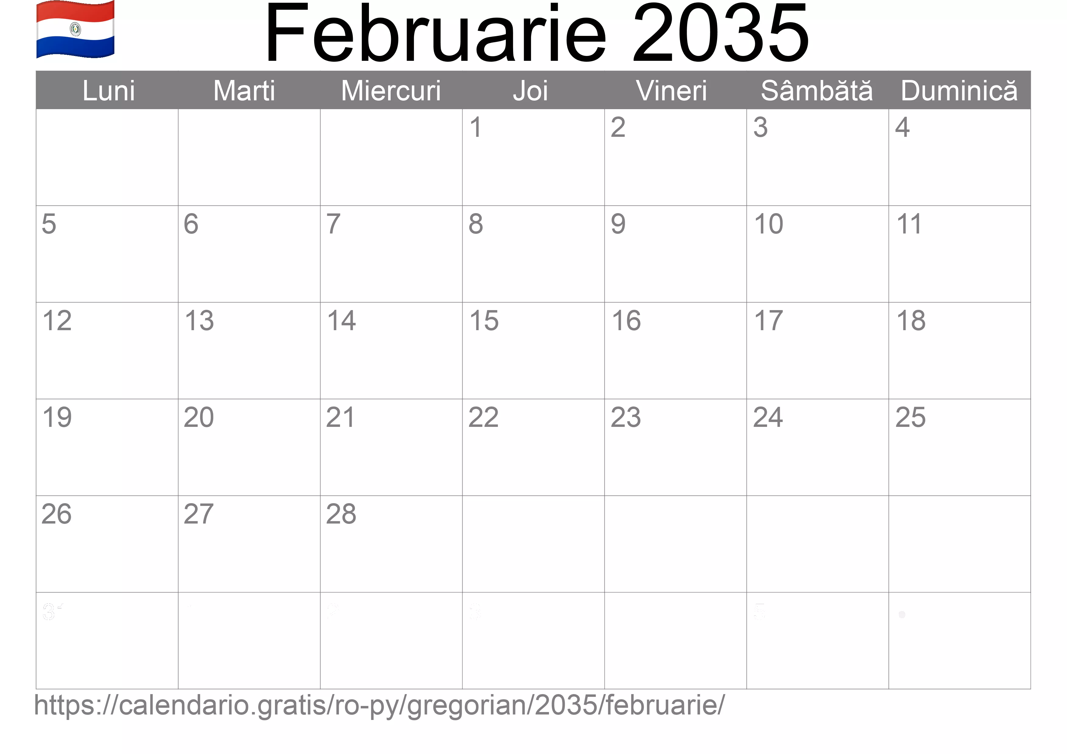 Calendar Februarie 2035 pentru imprimare (Paraguay) Calendar Februarie 2035 pentru imprimare (Paraguay)