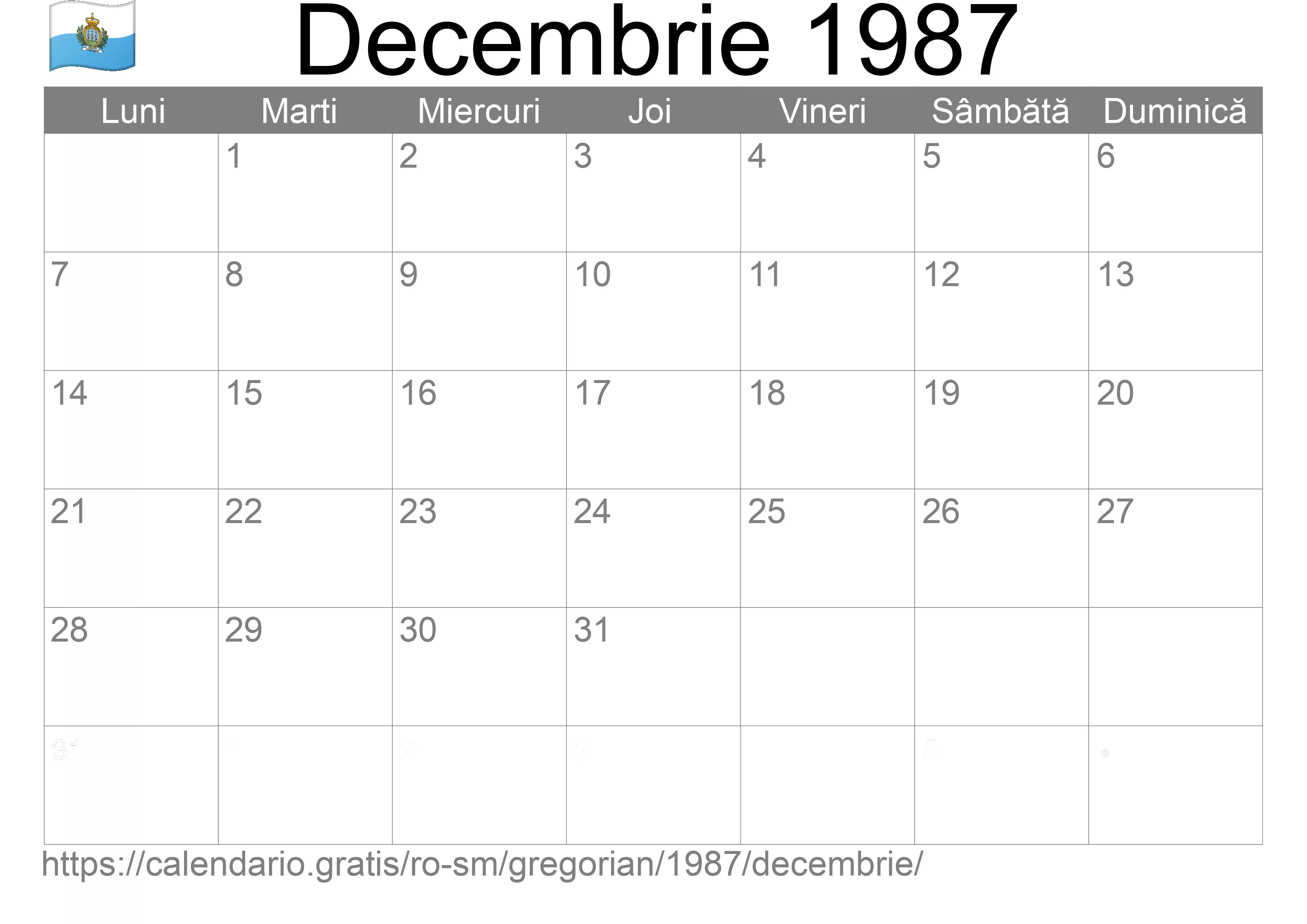 Calendar Decembrie 1987 pentru imprimare (San Marino) Calendar Decembrie 1987 pentru imprimare (San Marino)