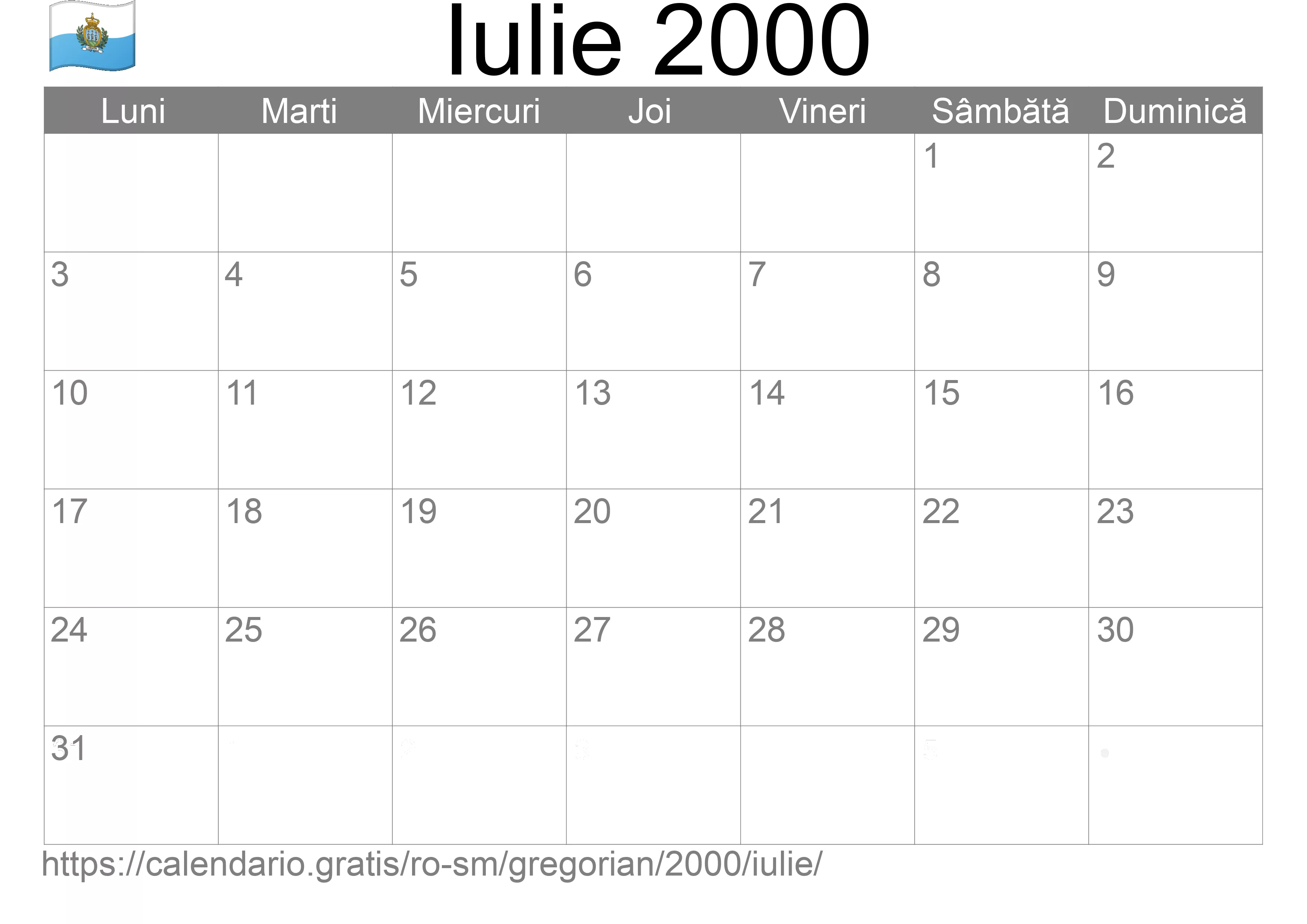 Calendar Iulie 2000 pentru imprimare (San Marino)