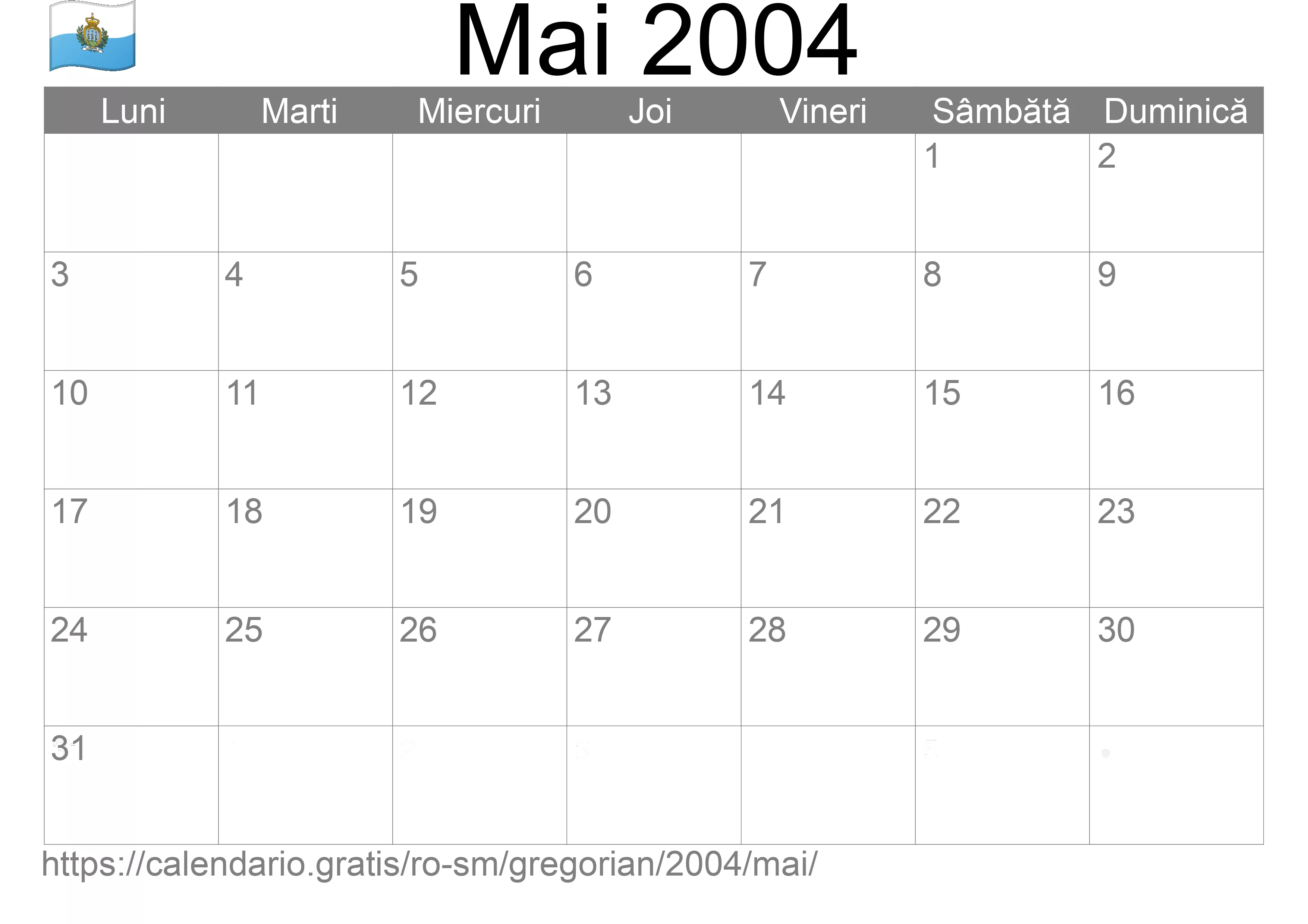 Calendar Mai 2004 pentru imprimare (San Marino)