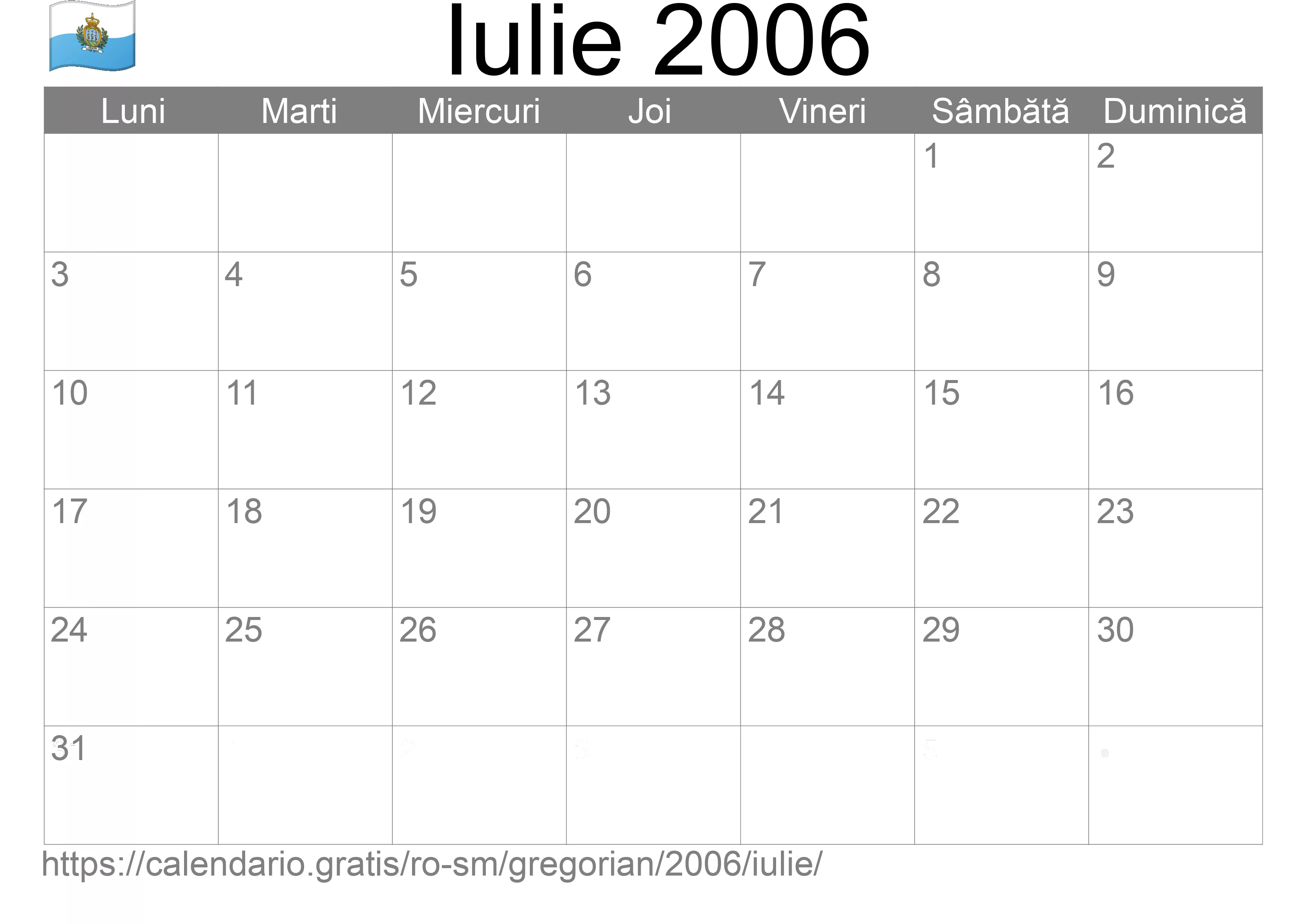 Calendar Iulie 2006 pentru imprimare (San Marino)