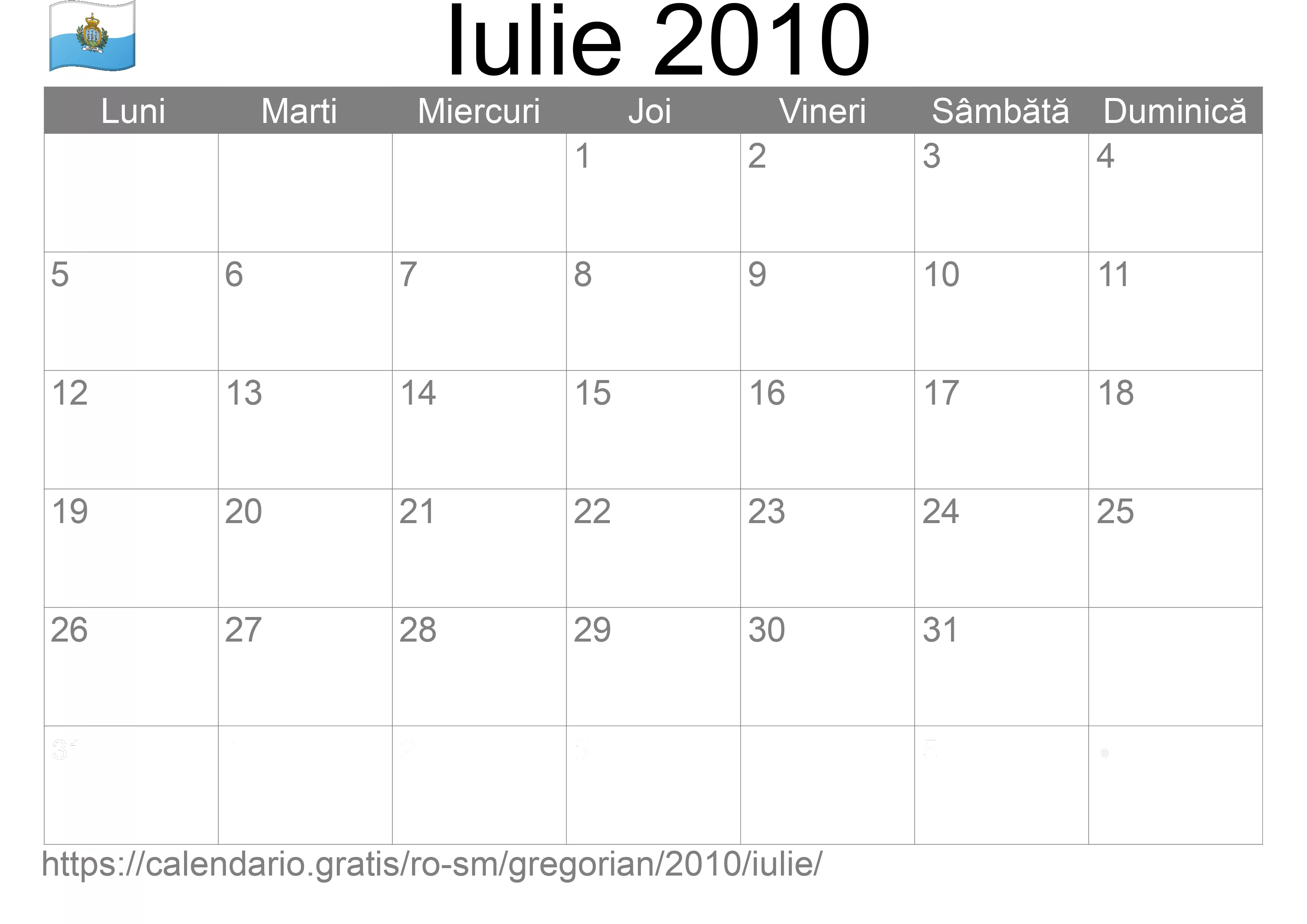Calendar Iulie 2010 pentru imprimare (San Marino)