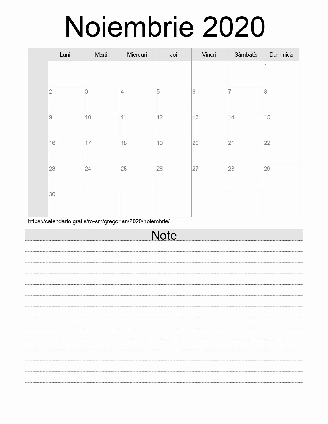 Calendar pentru Noiembrie 2020 de imprimat cu note. (San Marino)