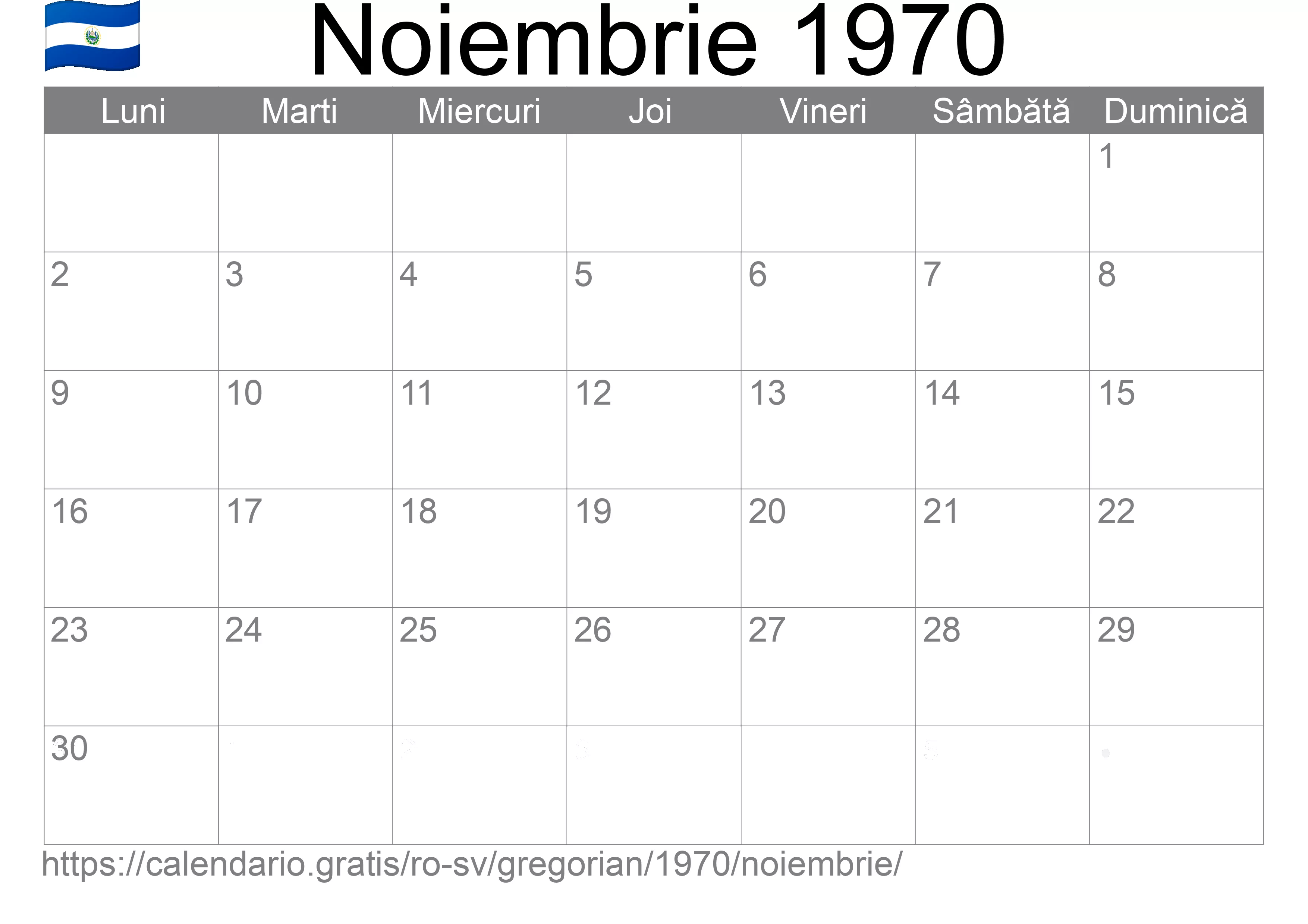 Calendar Noiembrie 1970 pentru imprimare (El Salvador)