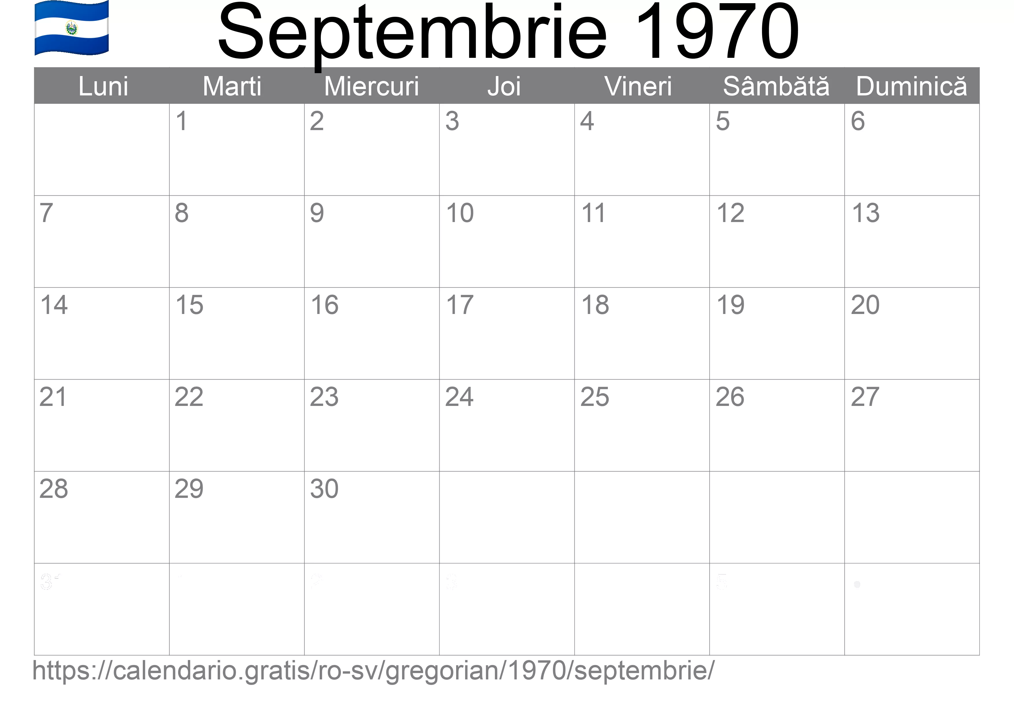 Calendar Septembrie 1970 pentru imprimare (El Salvador)