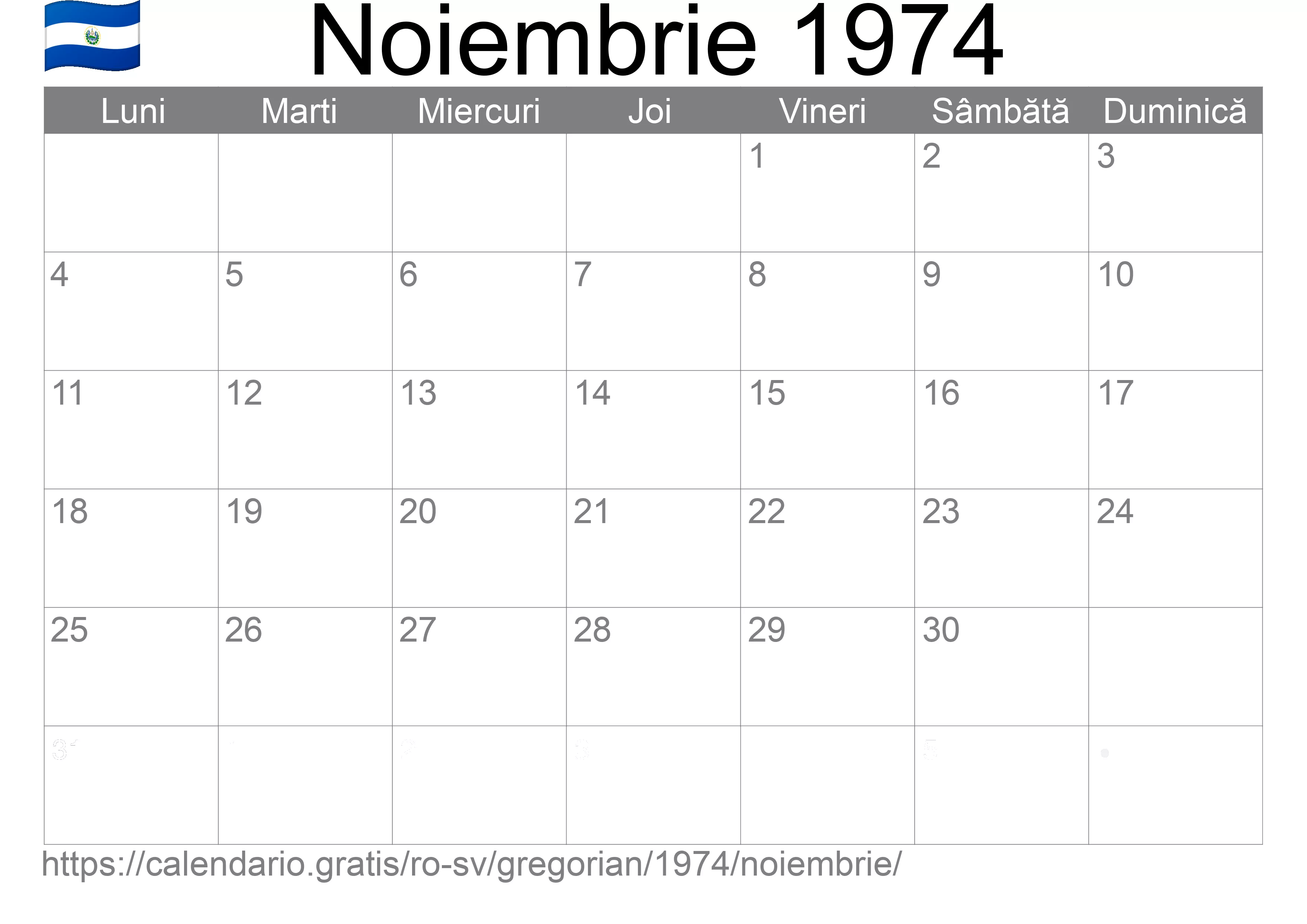 Calendar Noiembrie 1974 pentru imprimare (El Salvador)