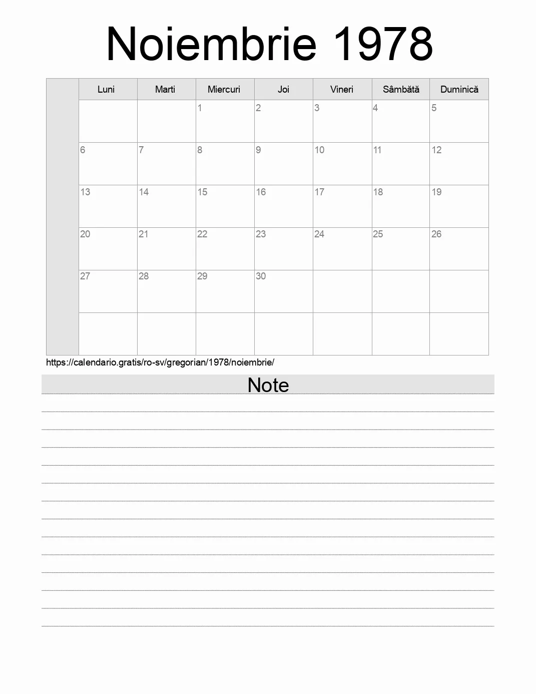 Calendar pentru Noiembrie 1978 de imprimat cu note. (El Salvador)