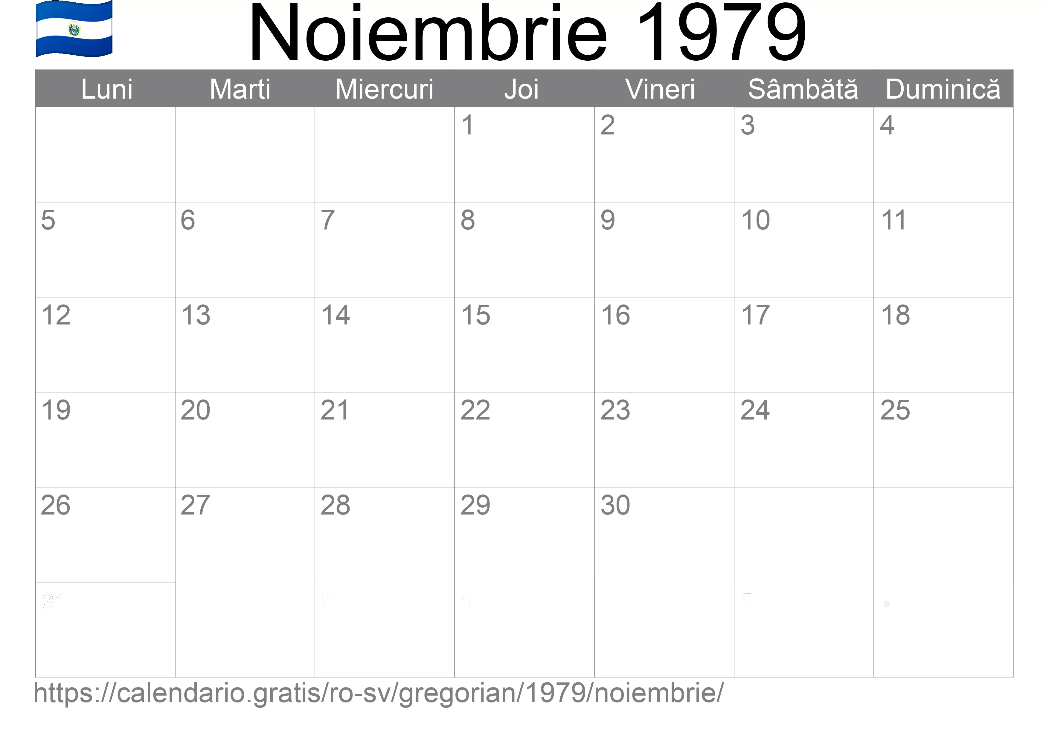Calendar Noiembrie 1979 pentru imprimare (El Salvador)