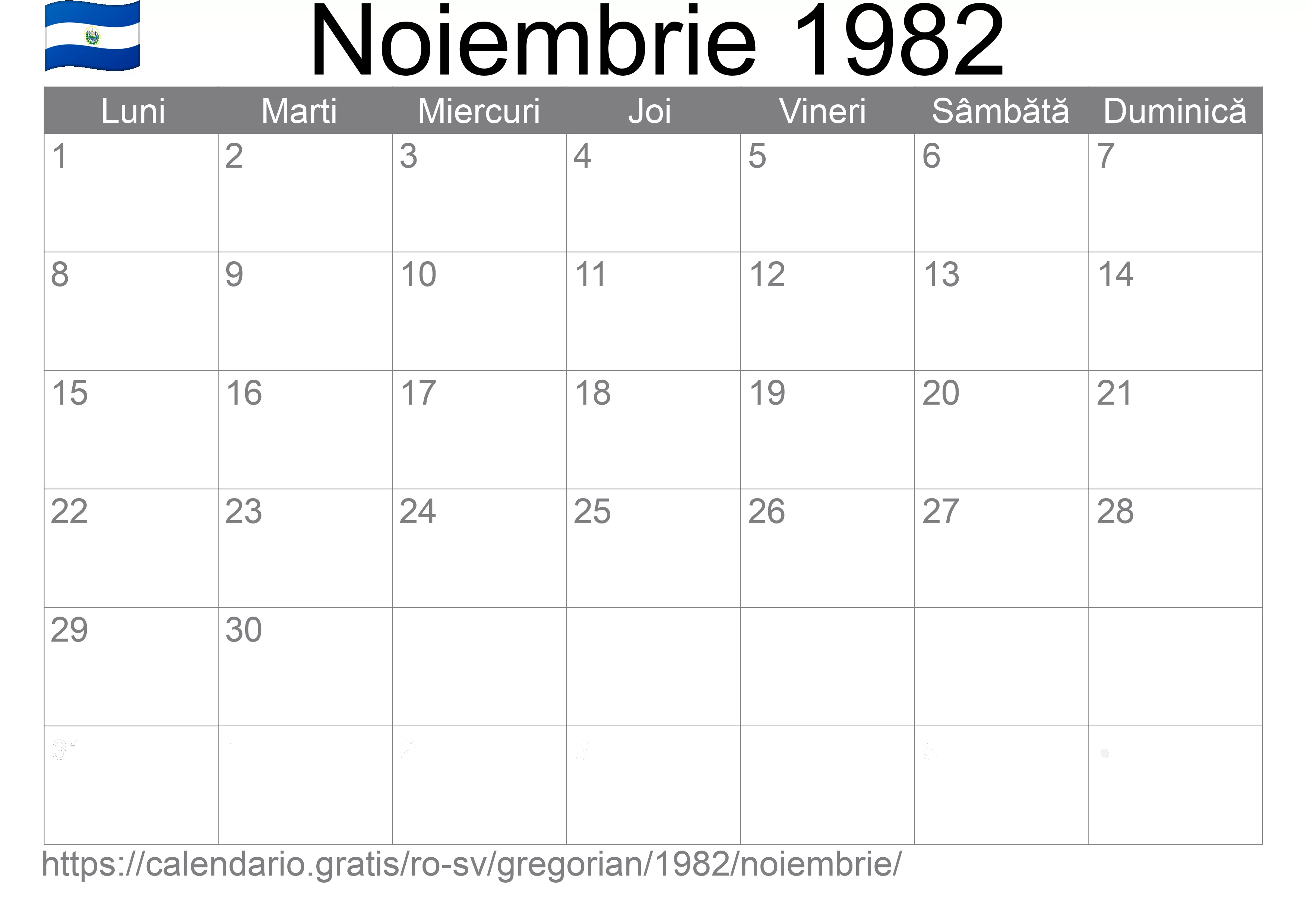 Calendar Noiembrie 1982 pentru imprimare (El Salvador)