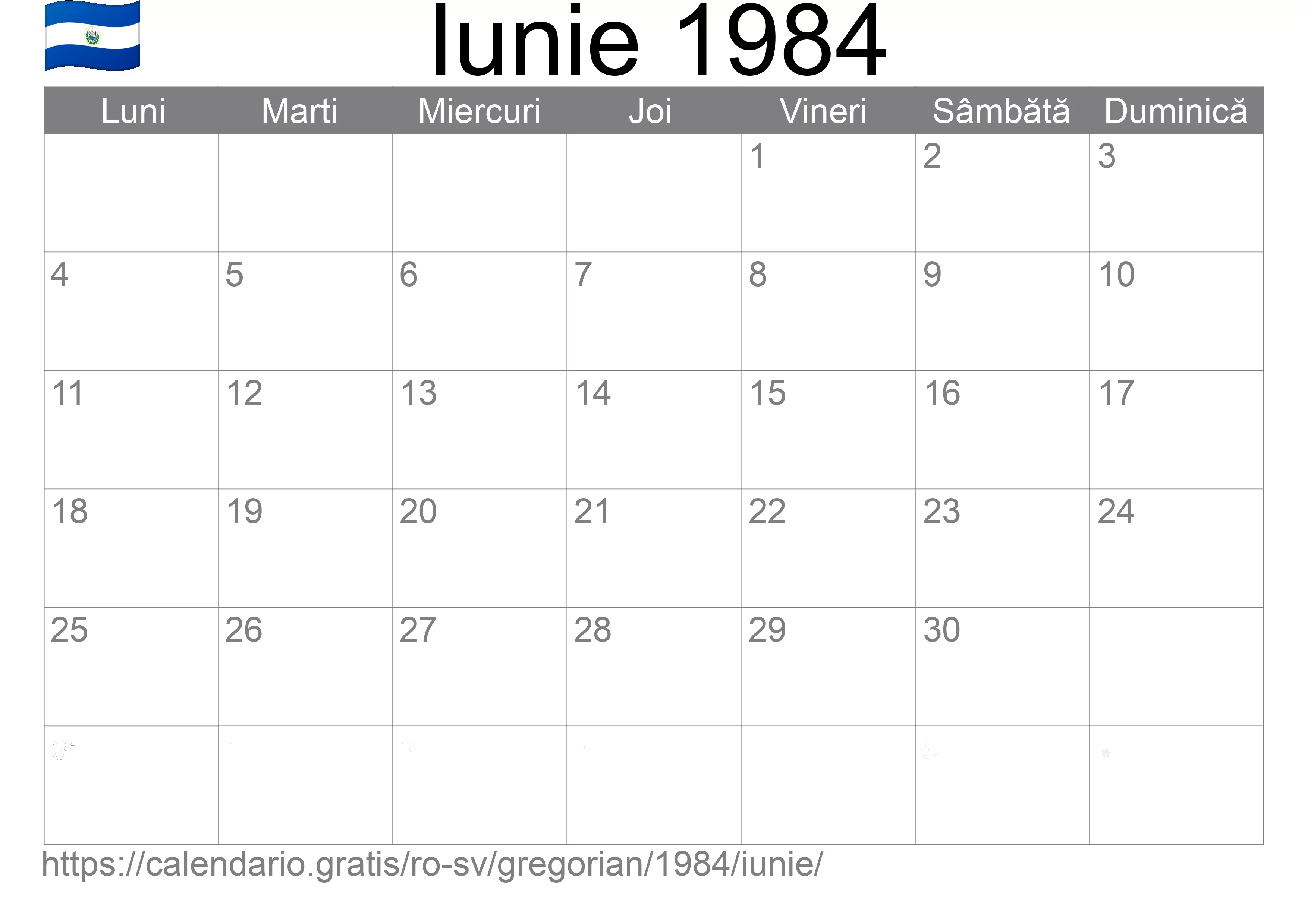 Calendar Iunie 1984 pentru imprimare (El Salvador)
