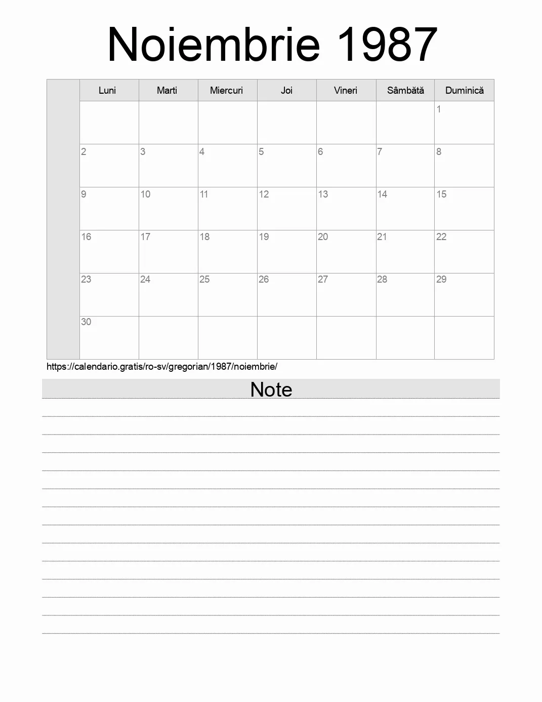 Calendar pentru Noiembrie 1987 de imprimat cu note. (El Salvador)