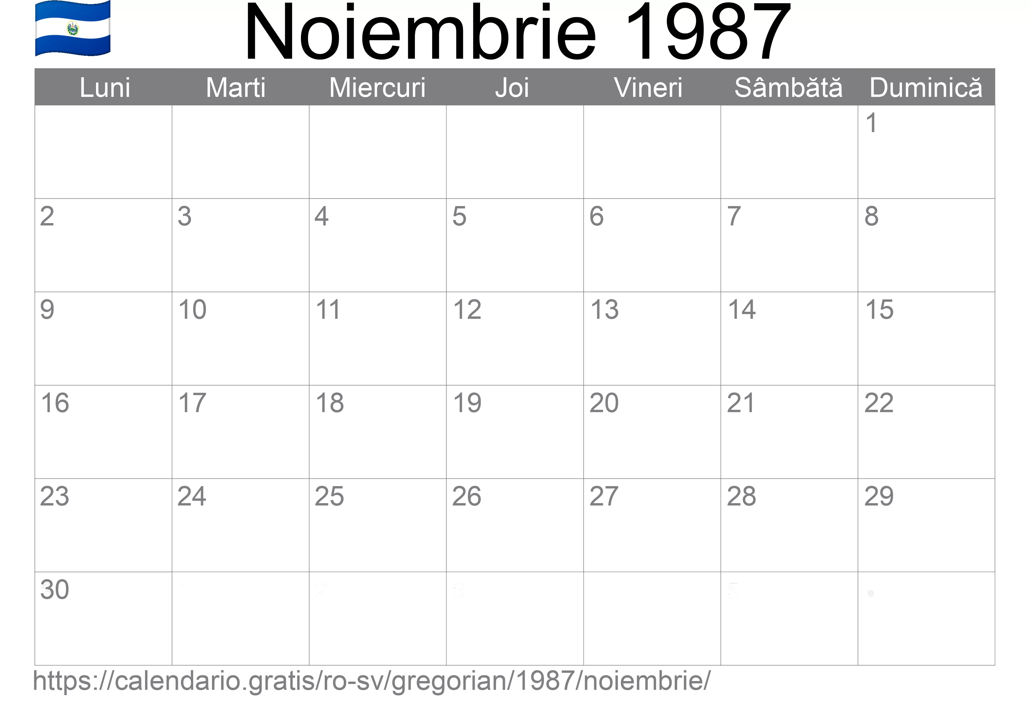 Calendar Noiembrie 1987 pentru imprimare (El Salvador)
