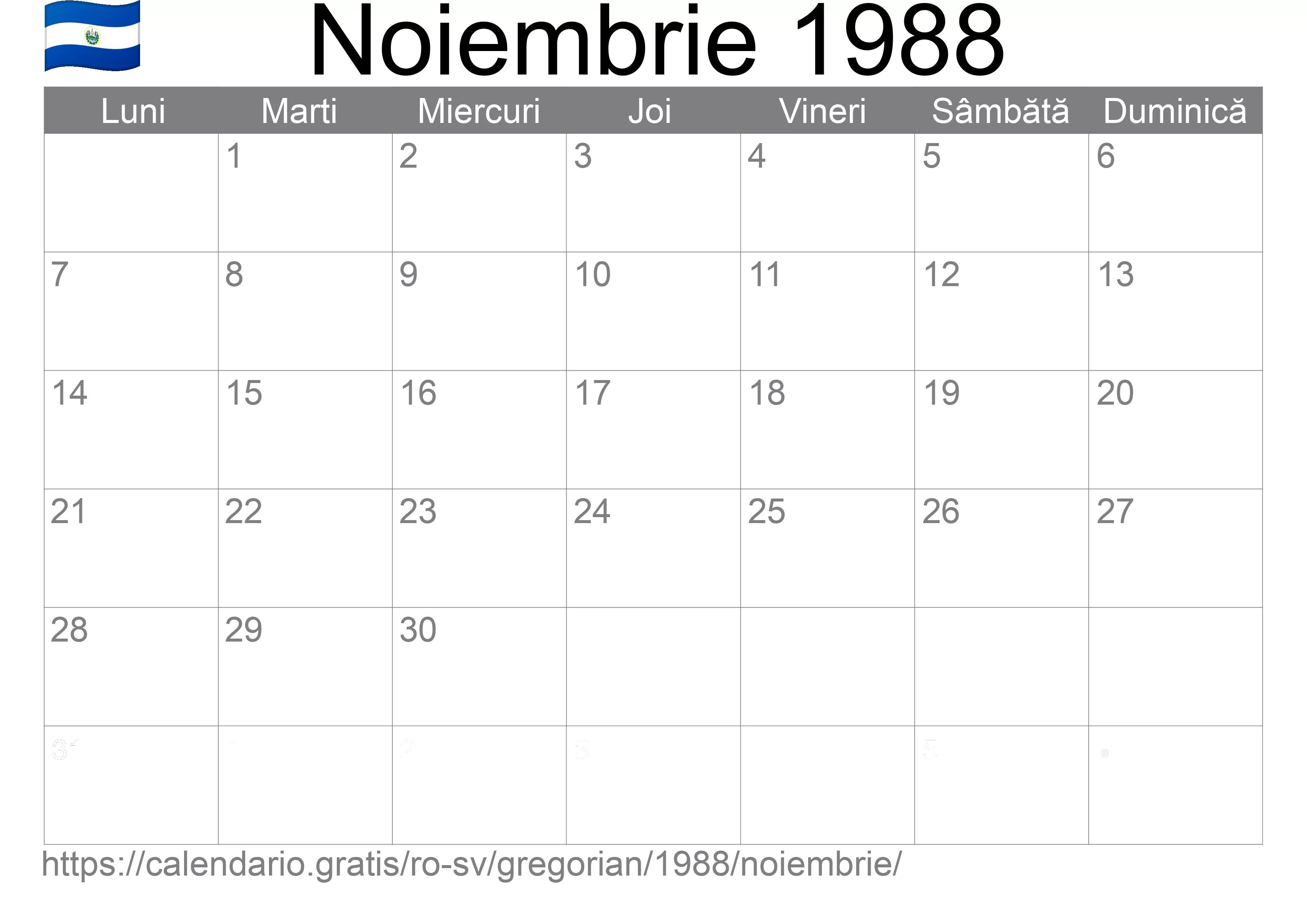 Calendar Noiembrie 1988 pentru imprimare (El Salvador)