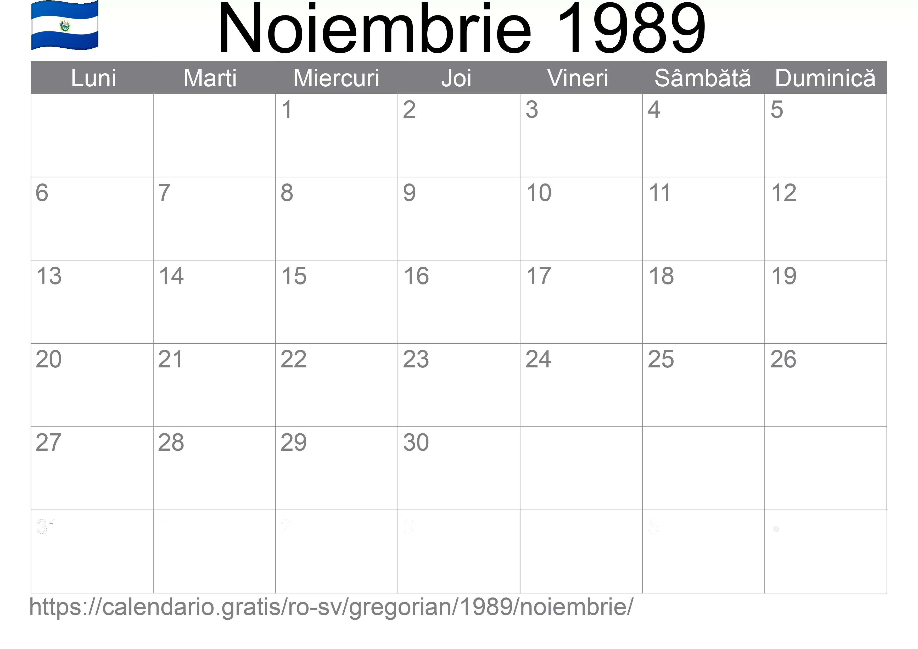 Calendar Noiembrie 1989 pentru imprimare (El Salvador)