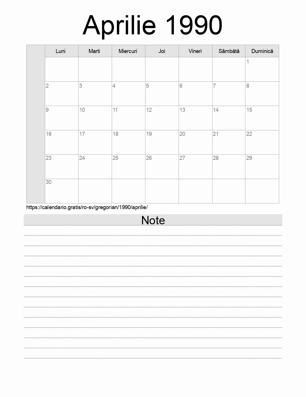 Calendar pentru Aprilie 1990 de imprimat cu note. (El Salvador)