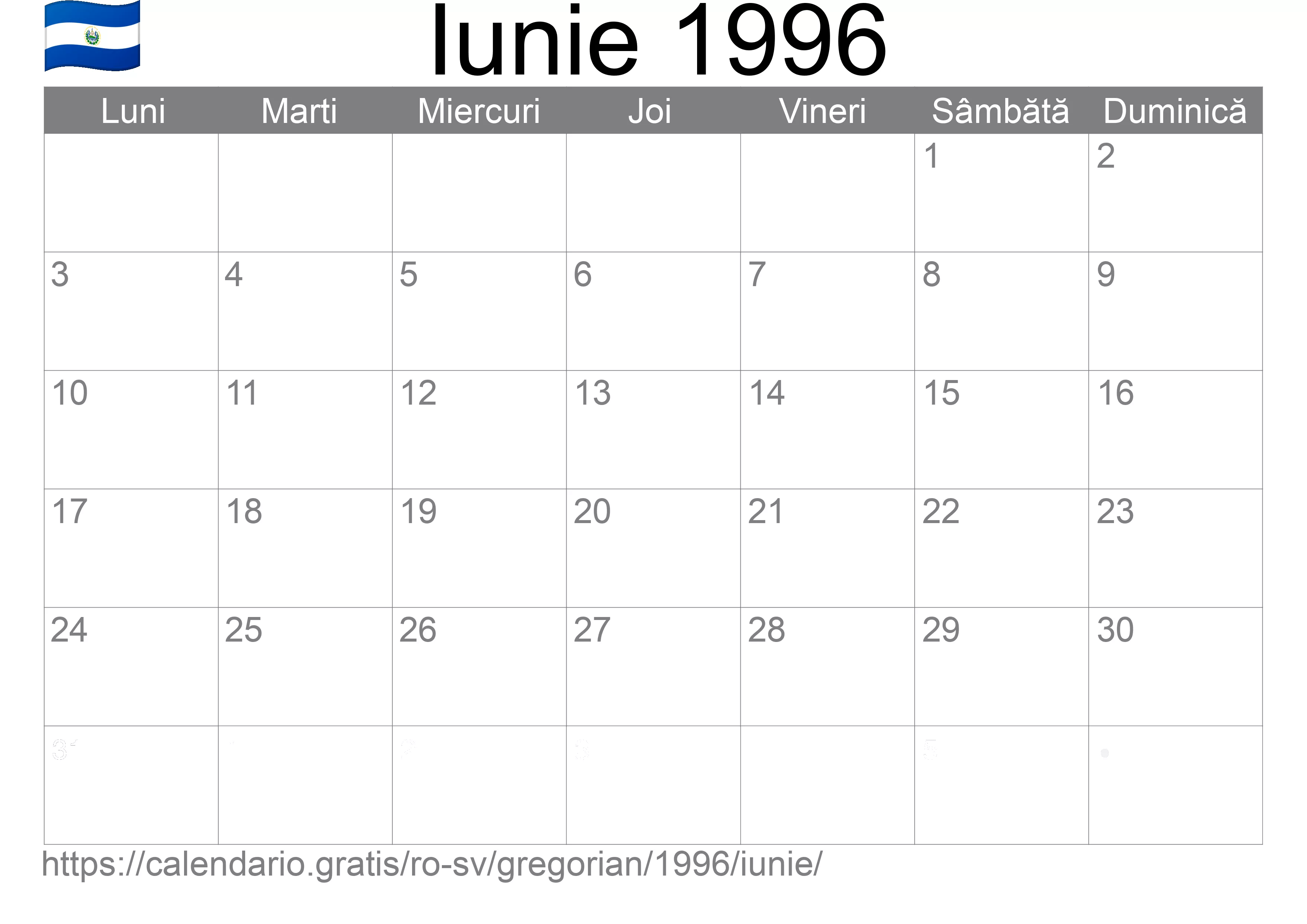 Calendar Iunie 1996 pentru imprimare (El Salvador)