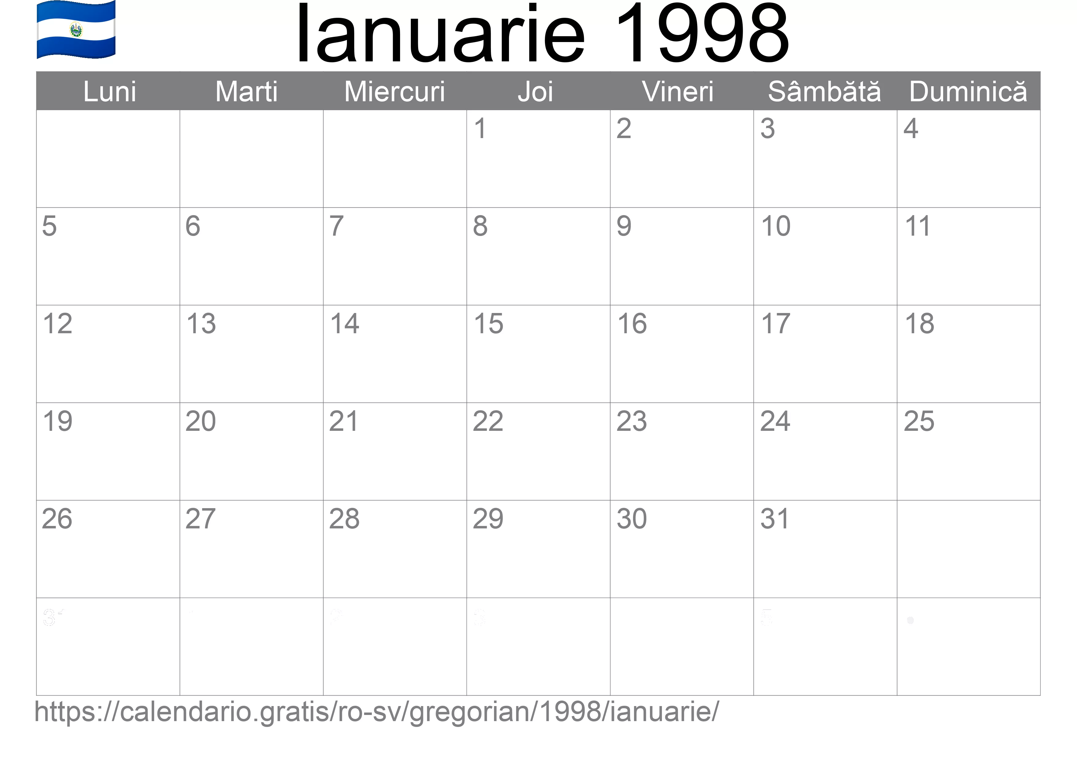 Calendar Ianuarie 1998 pentru imprimare (El Salvador)