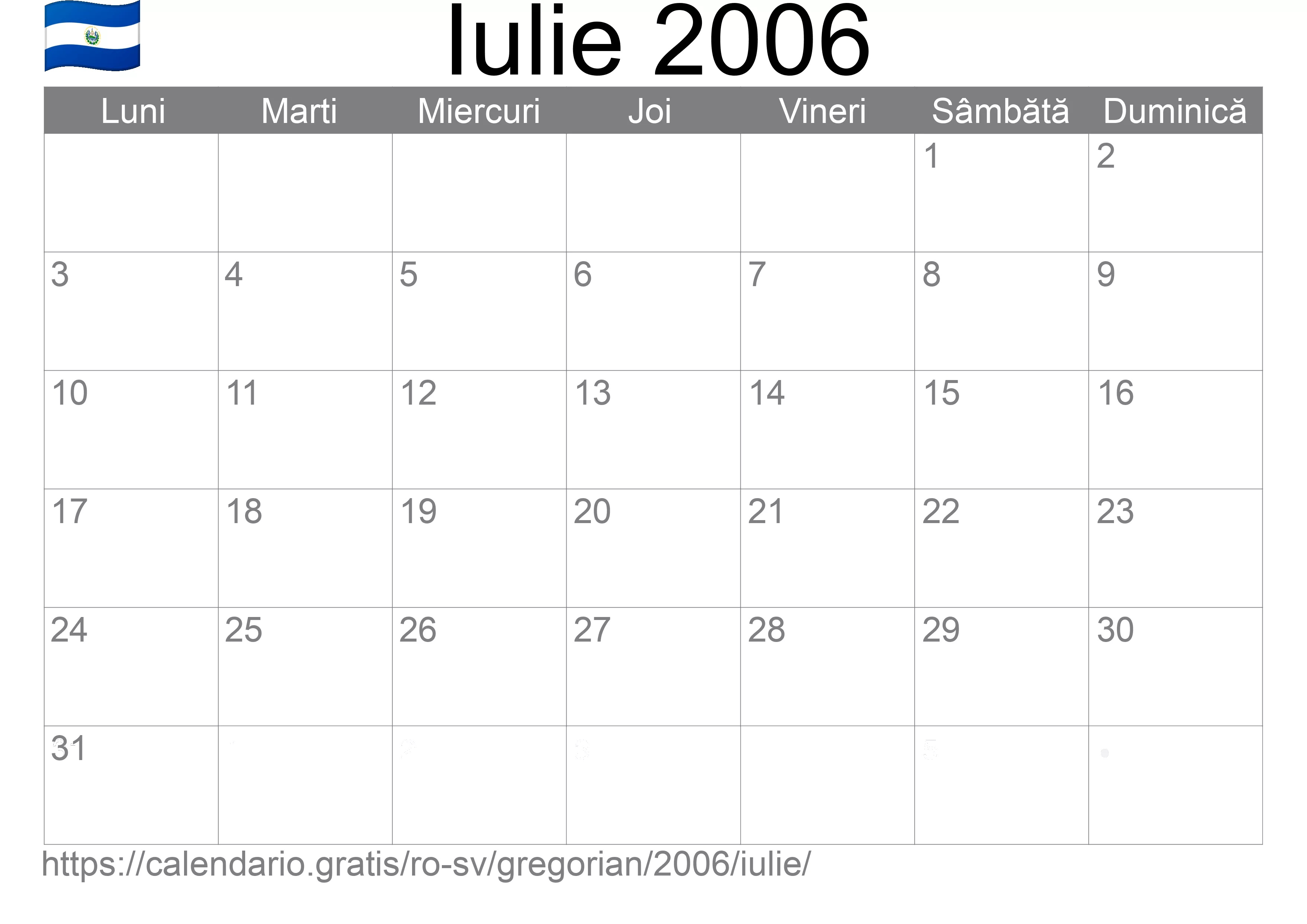 Calendar Iulie 2006 pentru imprimare (El Salvador)