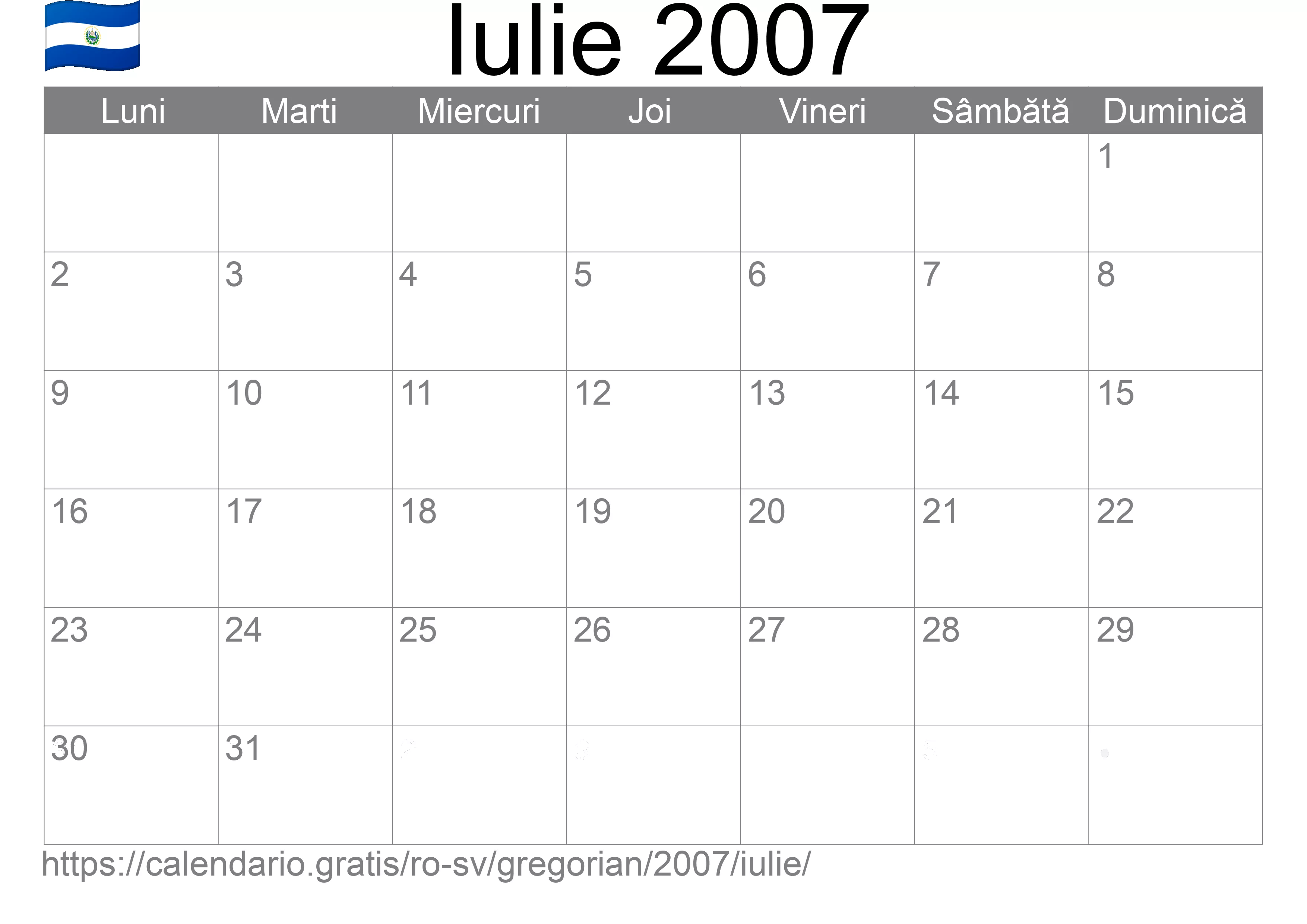 Calendar Iulie 2007 pentru imprimare (El Salvador)