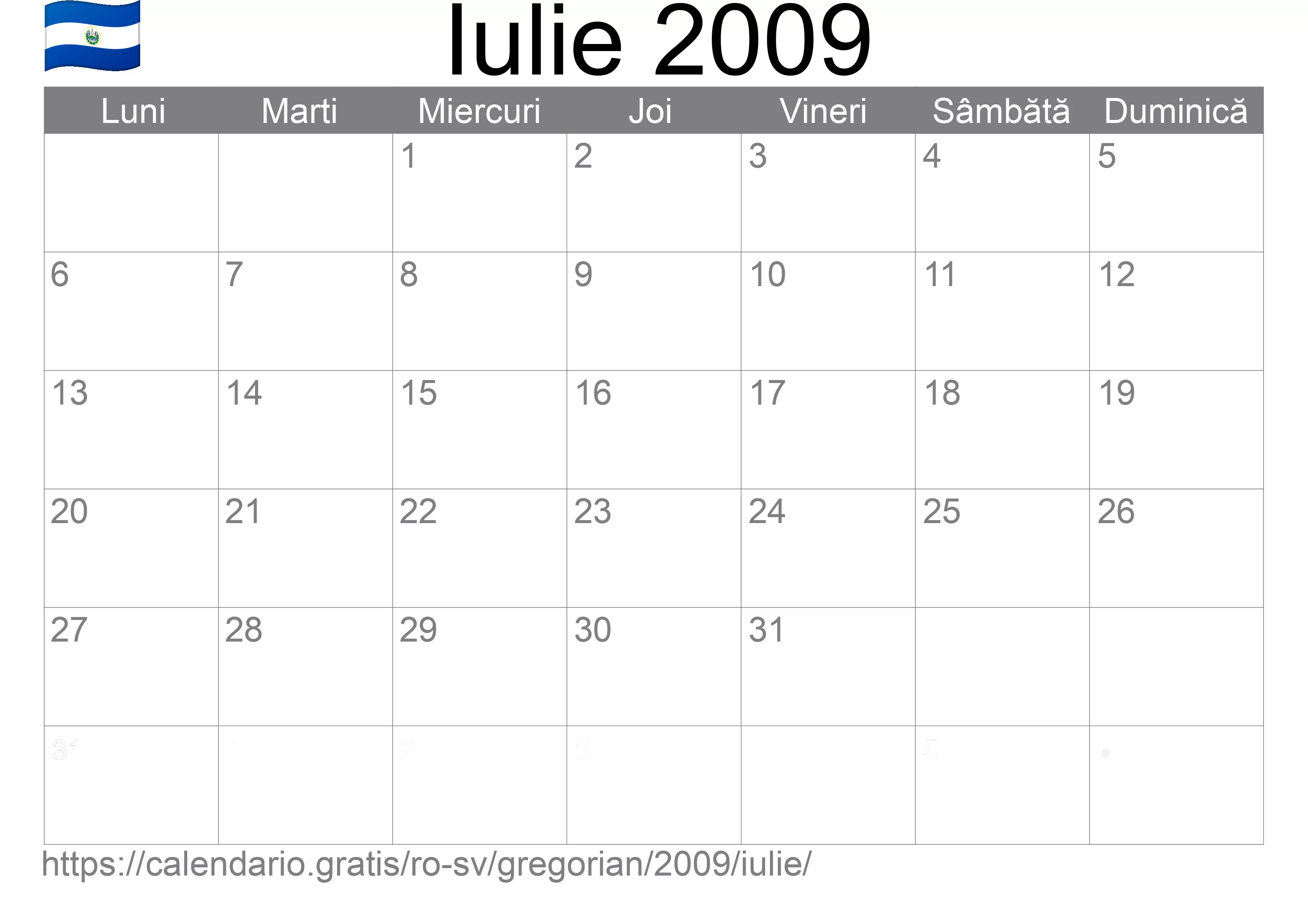Calendar Iulie 2009 pentru imprimare (El Salvador)