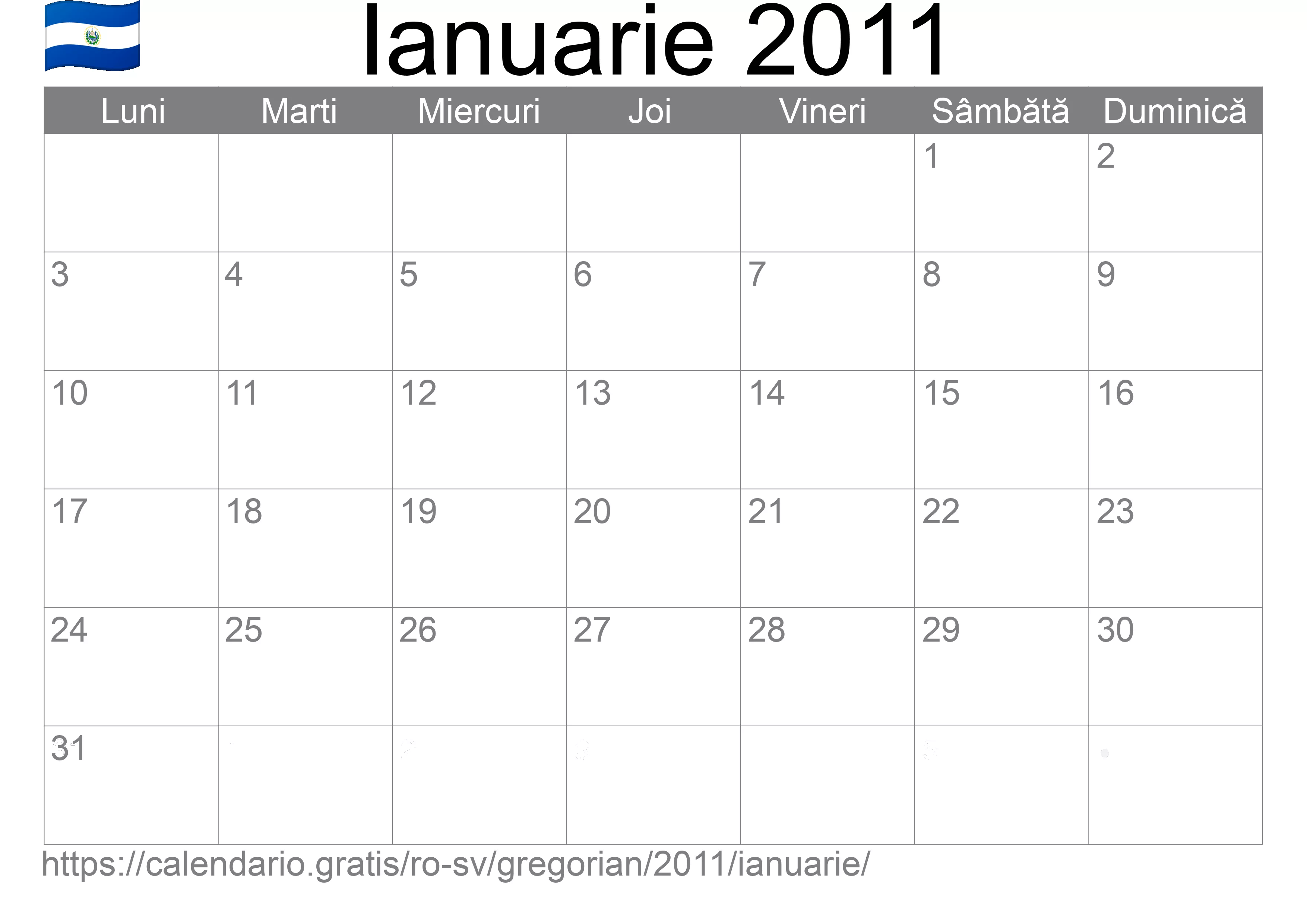 Calendar Ianuarie 2011 pentru imprimare (El Salvador)