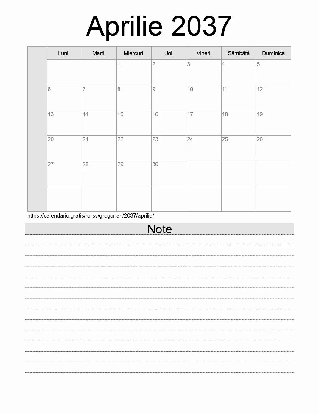 Calendar pentru Aprilie 2037 de imprimat cu note. (El Salvador)