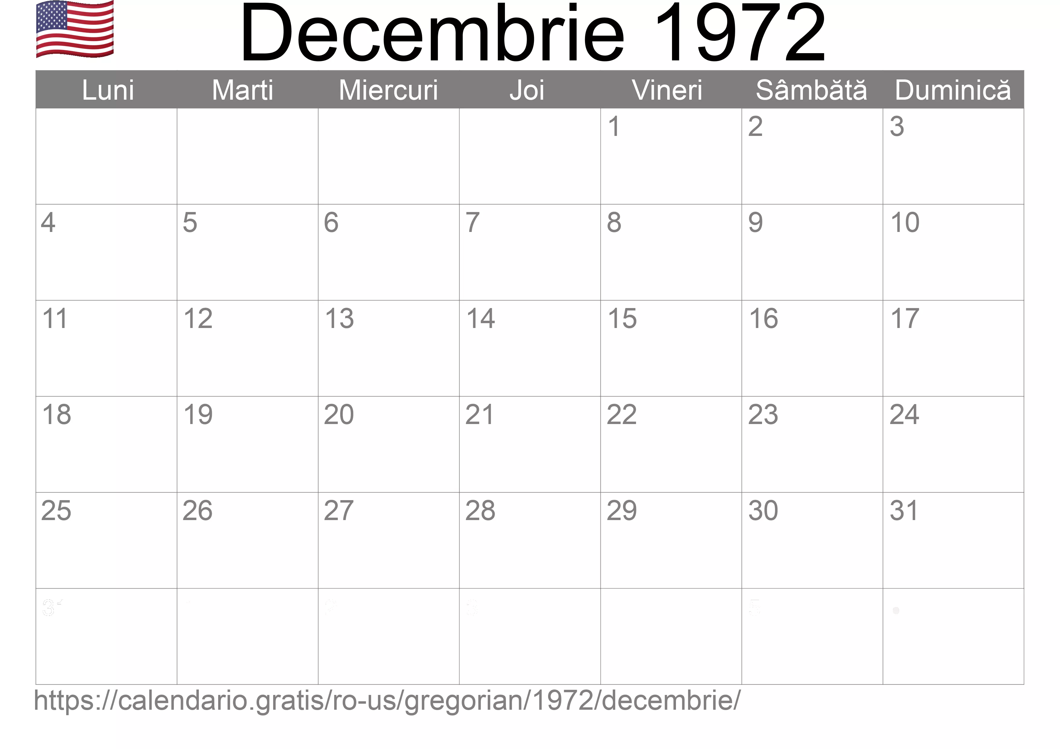 Calendar Decembrie 1972 pentru imprimare (Statele Unite ale Americii) Calendar Decembrie 1972 pentru imprimare (Statele Unite ale Americii)