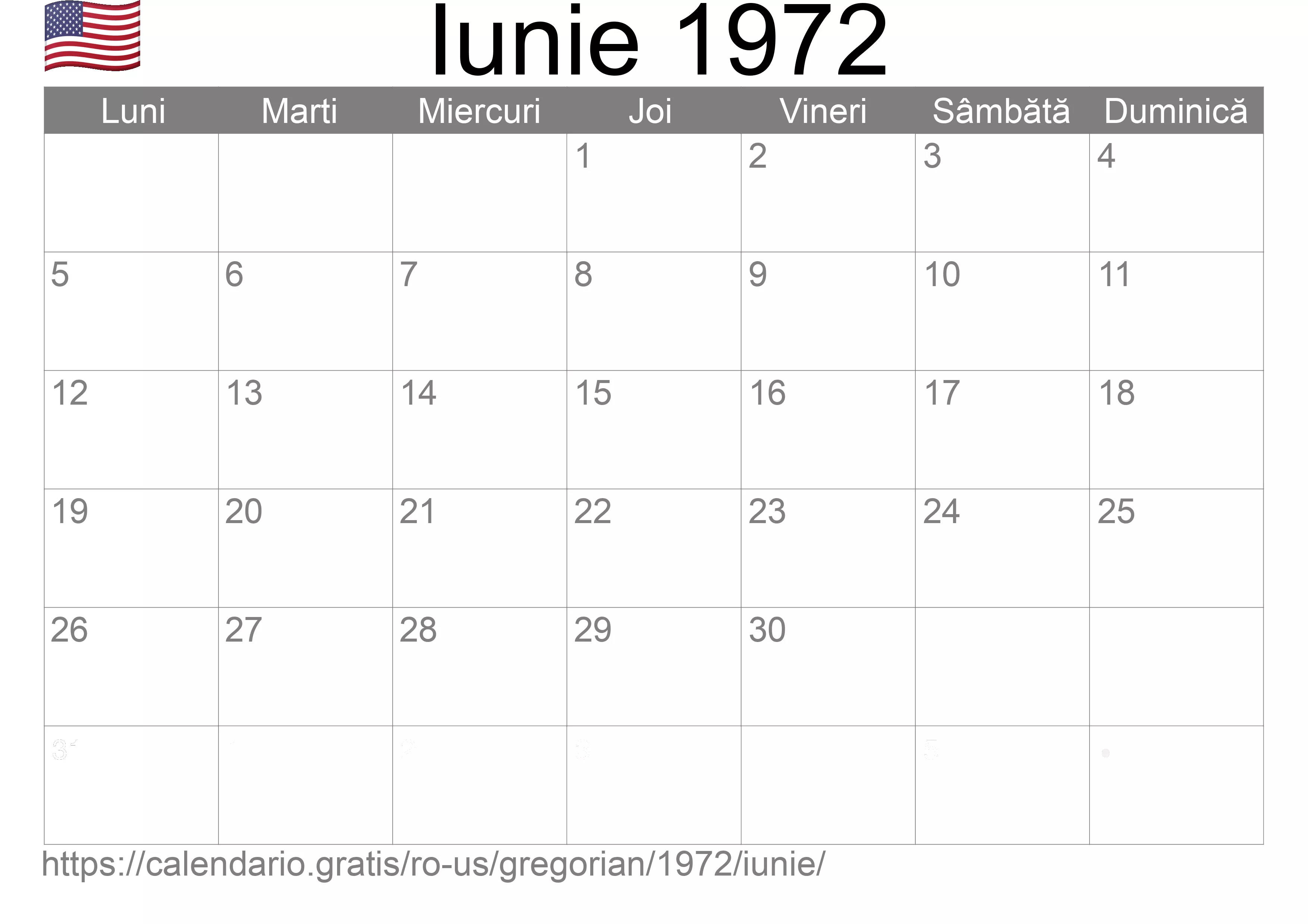 Calendar Iunie 1972 pentru imprimare (Statele Unite ale Americii)