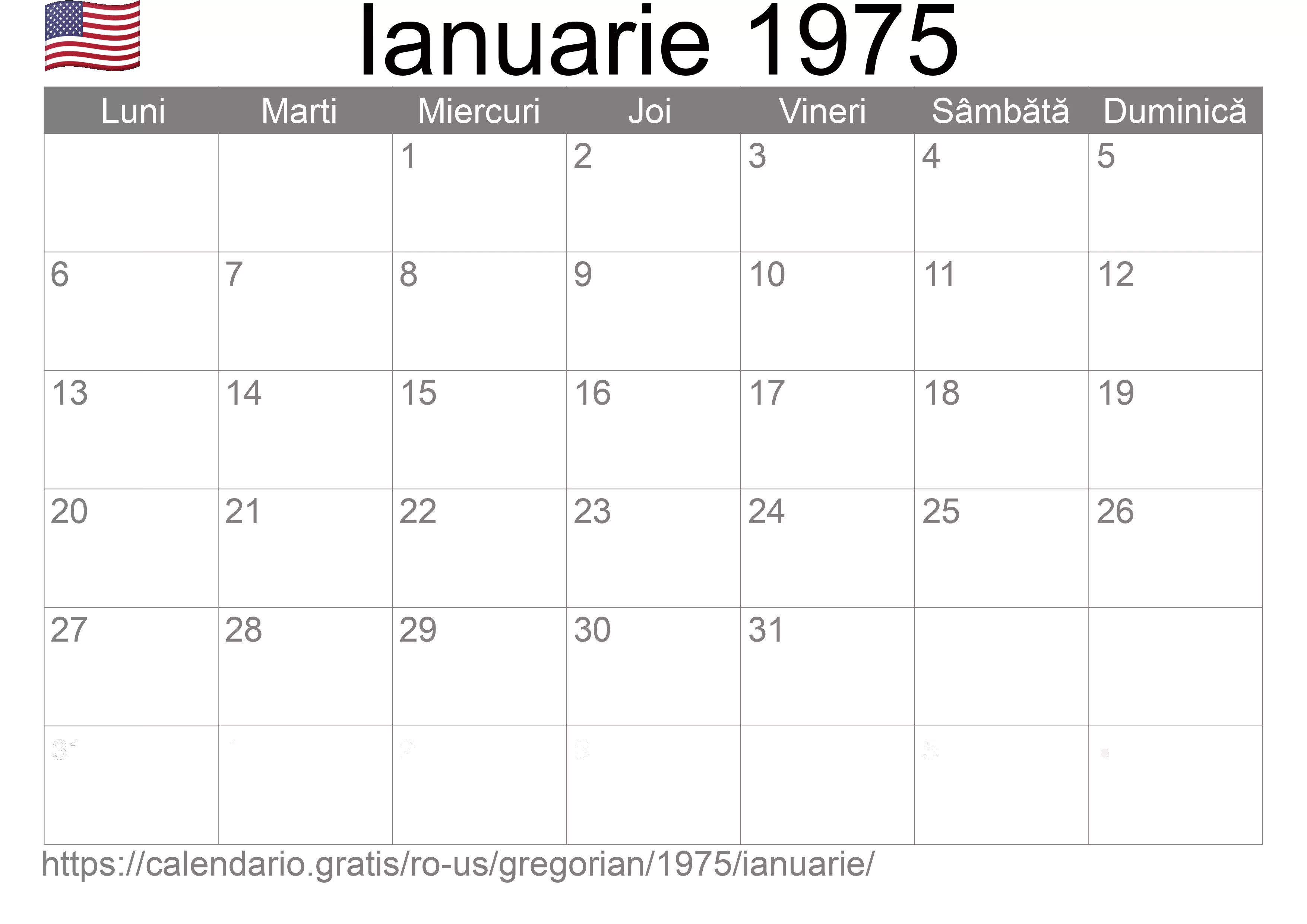 Calendar Ianuarie 1975 pentru imprimare (Statele Unite ale Americii)