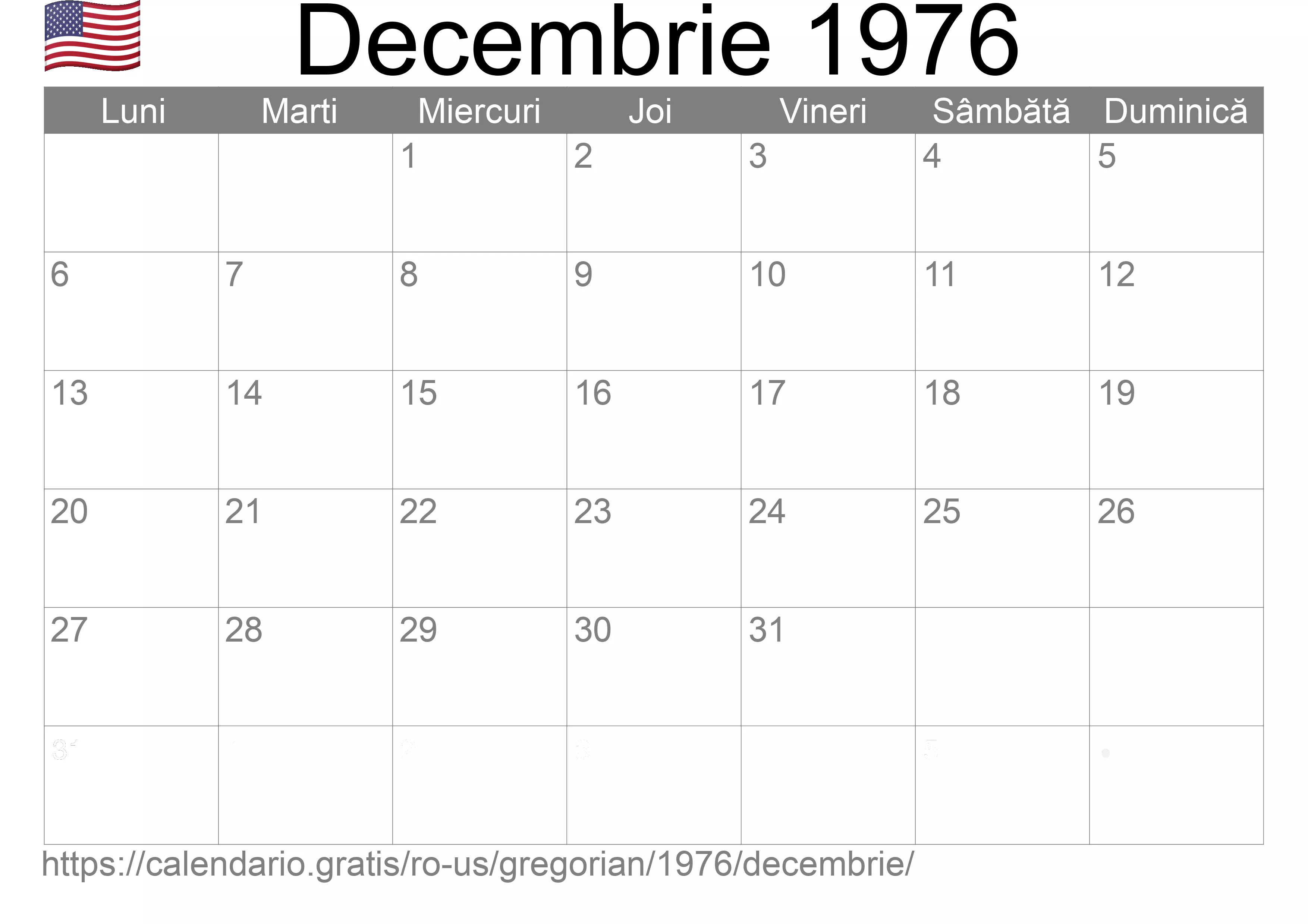 Calendar Decembrie 1976 pentru imprimare (Statele Unite ale Americii) Calendar Decembrie 1976 pentru imprimare (Statele Unite ale Americii)
