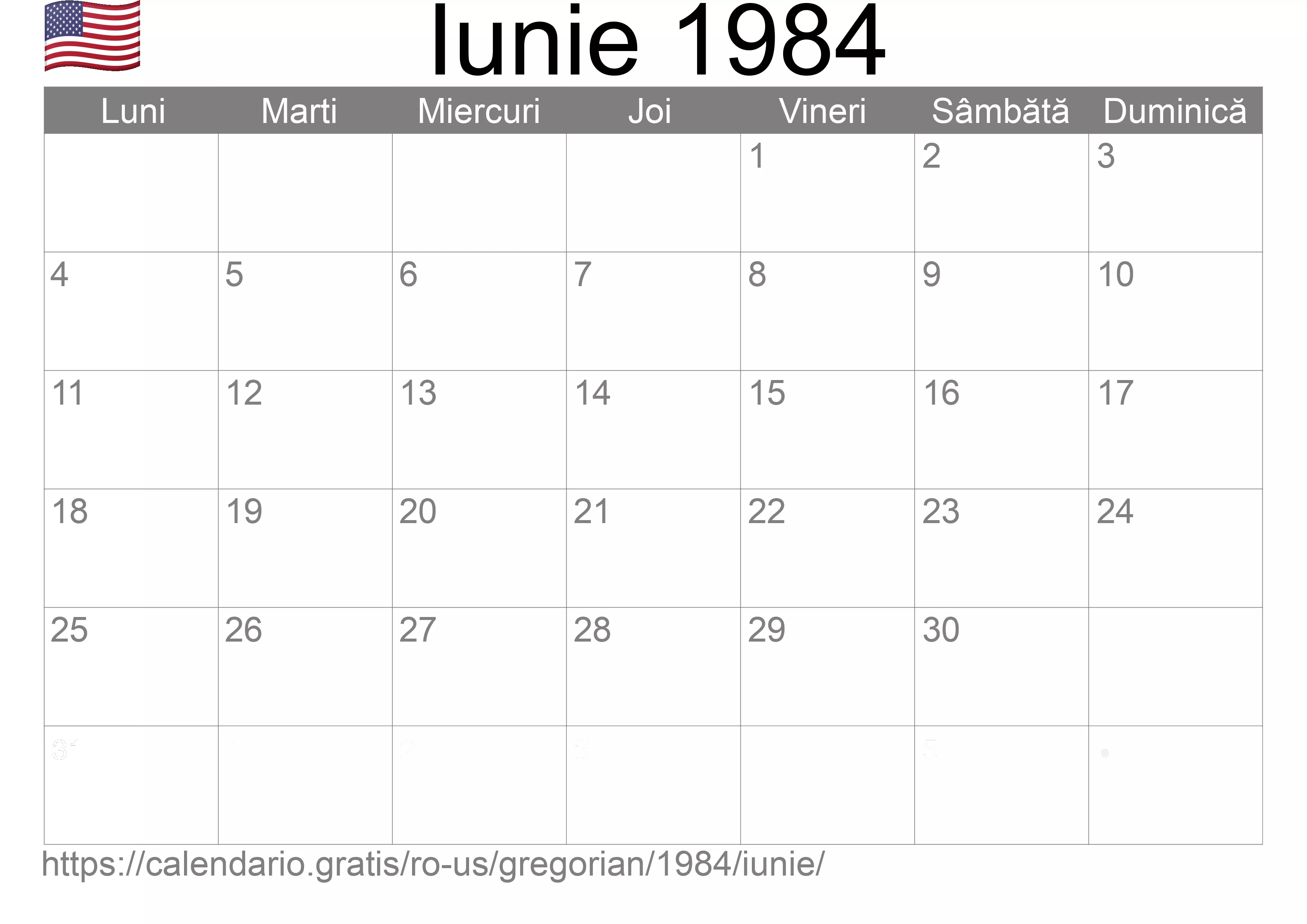 Calendar Iunie 1984 pentru imprimare (Statele Unite ale Americii) Calendar Iunie 1984 pentru imprimare (Statele Unite ale Americii)
