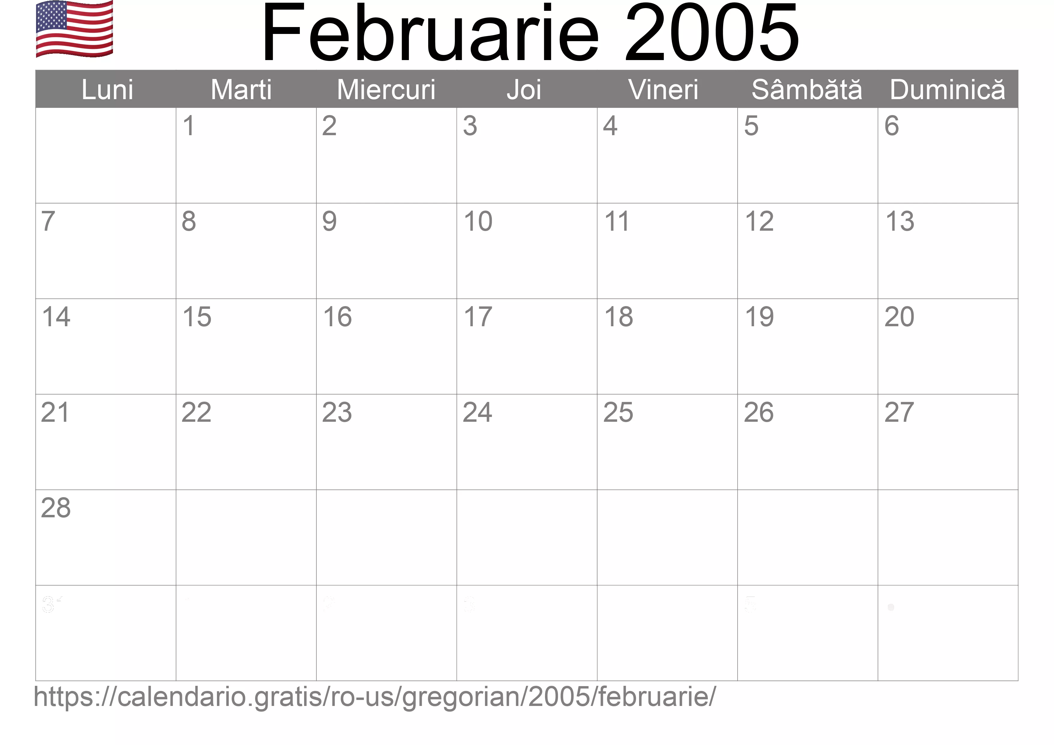 Calendar Februarie 2005 pentru imprimare (Statele Unite ale Americii)