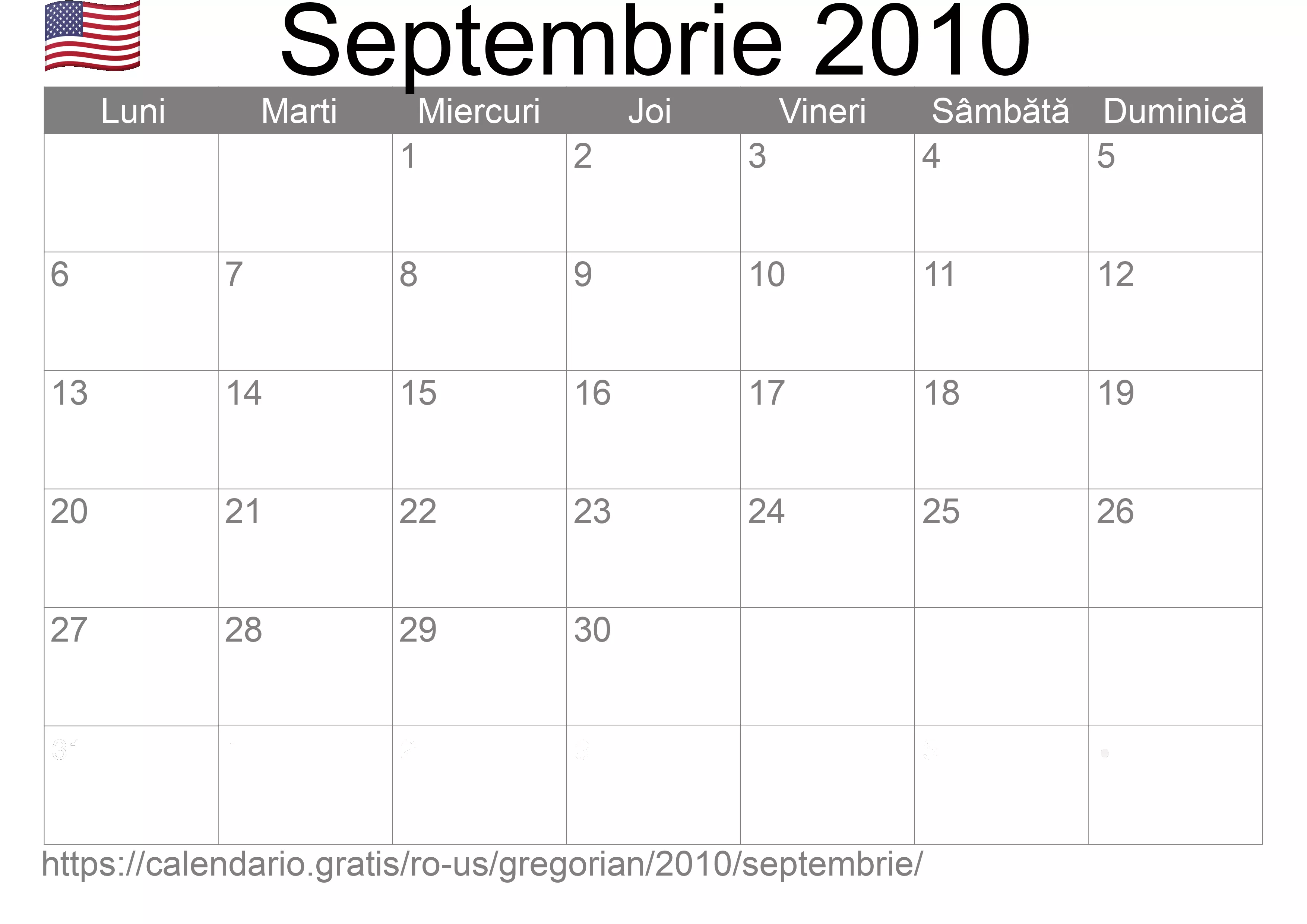 Calendar Septembrie 2010 pentru imprimare (Statele Unite ale Americii)