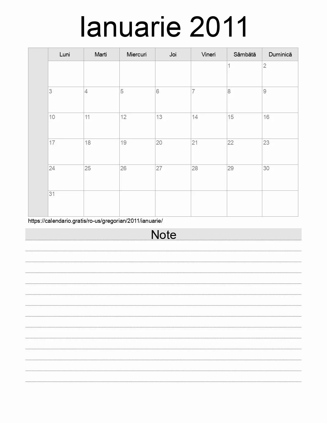 Calendar pentru Ianuarie 2011 de imprimat cu note. (Statele Unite ale Americii)