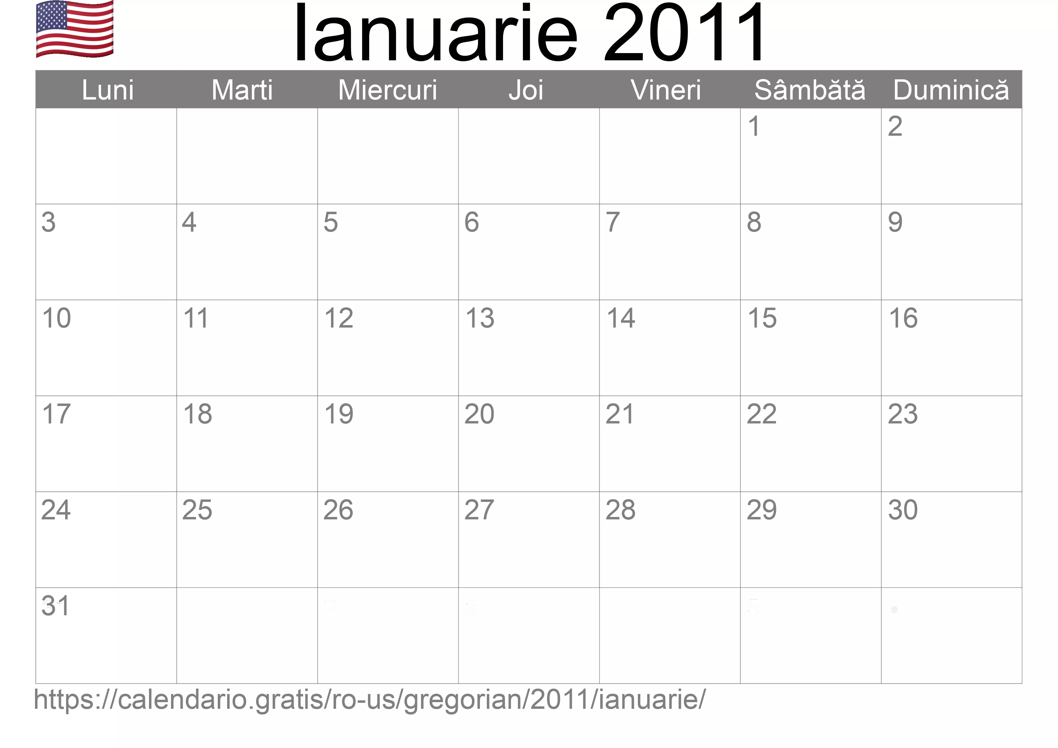 Calendar Ianuarie 2011 pentru imprimare (Statele Unite ale Americii)
