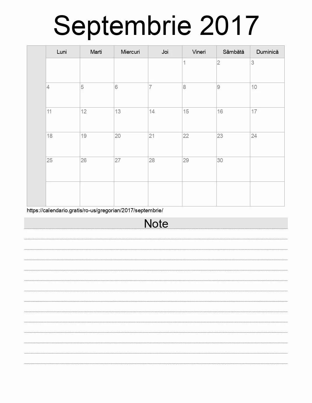 Calendar pentru Septembrie 2017 de imprimat cu note. (Statele Unite ale Americii)